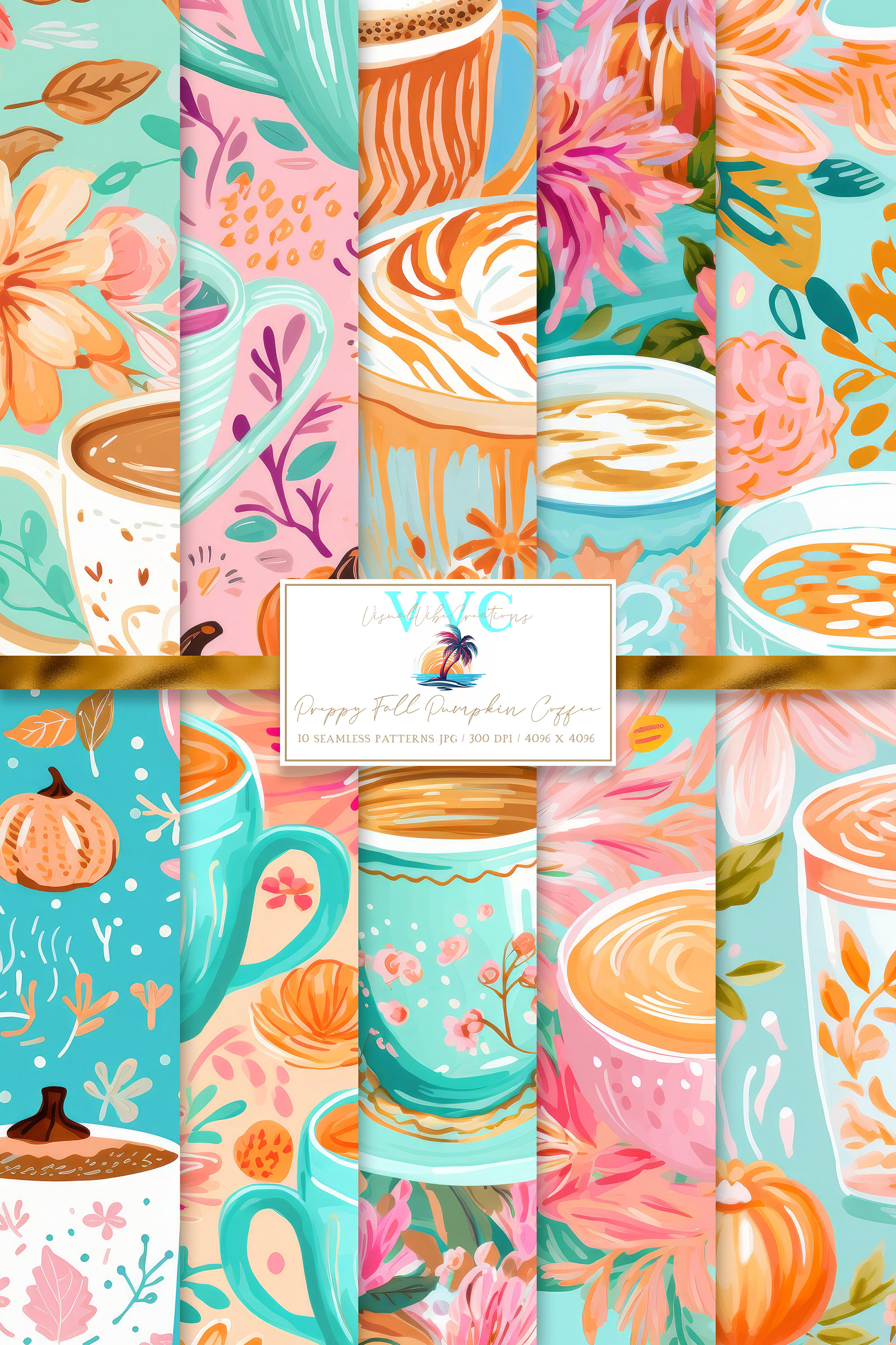 Preppy Fall Pumpkin Coffee Digital Paper, 10 Seamless Patterns for Printable Scrapbook Paper Download, Autumn Pattern, Tea Pattern