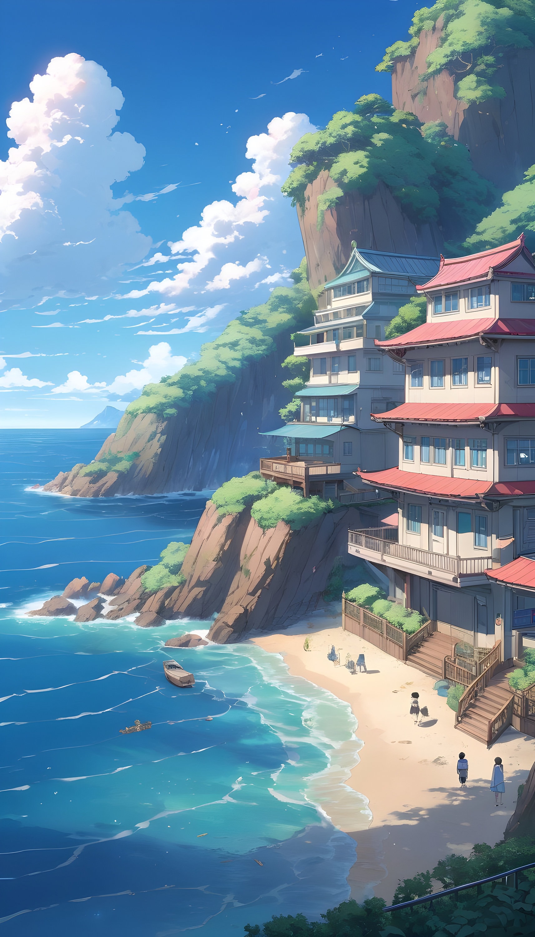 Beach view with houses and tropical trees with sunny day manga anime style 4k Wallpaper