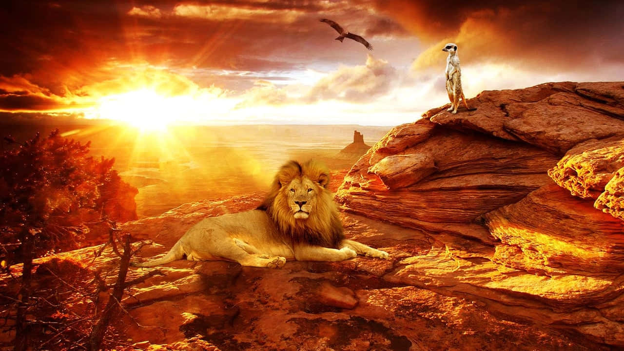 Download Lion Eagle And Meerkat Sunset HD Africa Background