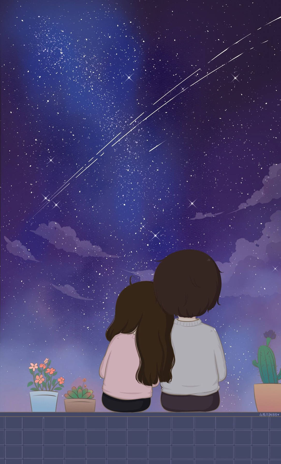 Download Cute Couple Cartoon Meteor Purple Sky Wallpaper