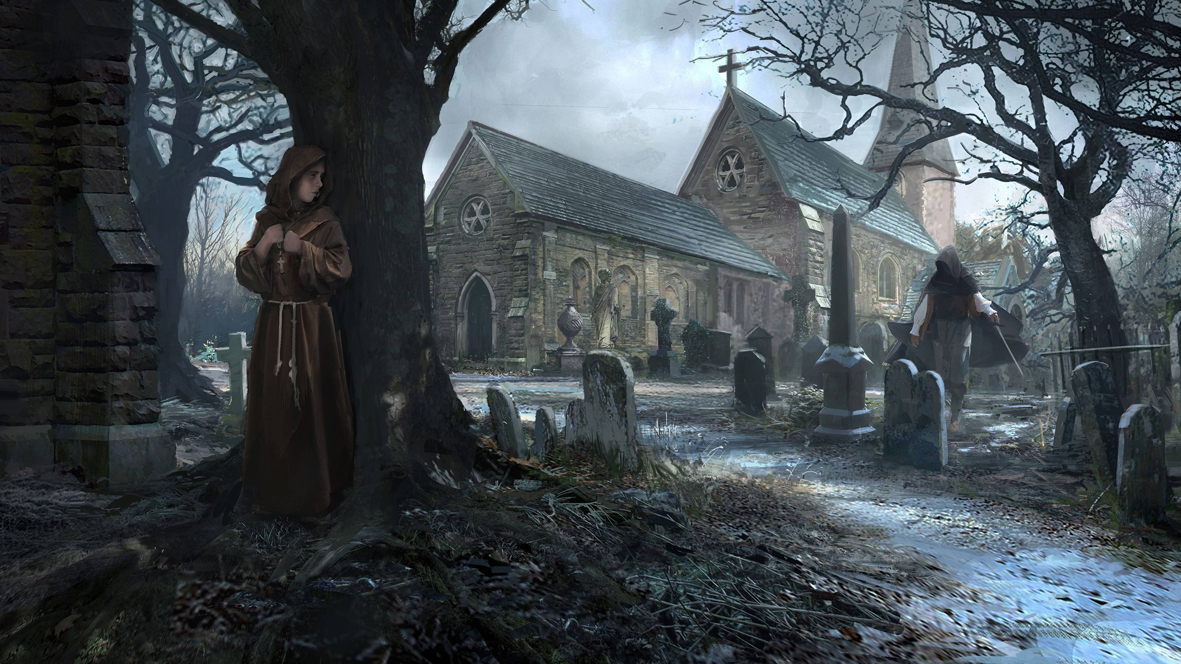 Download Church With Graveyard Wallpaper