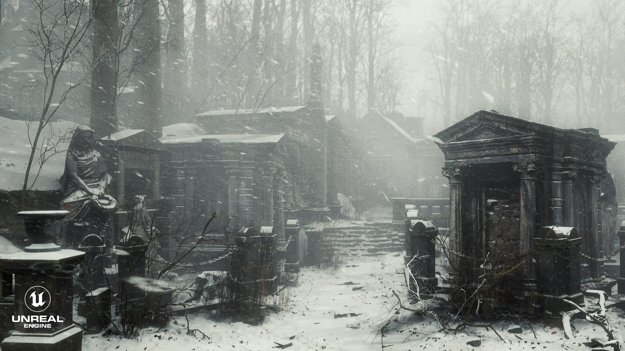 Pasquale Scionti Winter Mood Dark Cemetery with snow Unreal Engine 5.5.1 Lumen Nanite 60fps Fps 4k Native Epic Settings No DLSS running on RTX4090 Lighting is a combination of HDR