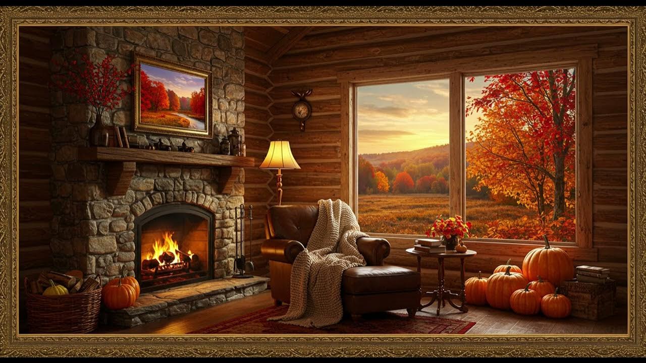 Frame TV Art Art TV Background: Cozy Log Cabin: Fireside & Autumn Sunset View