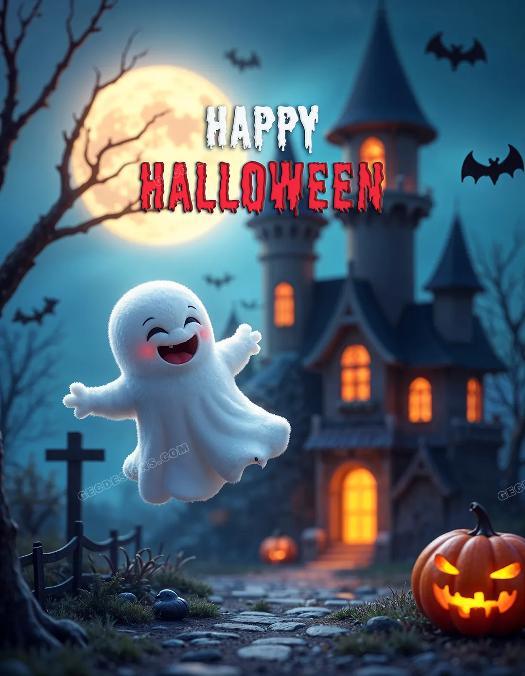Cool Halloween wallpaper with adorable cute ghost in a scary castle background