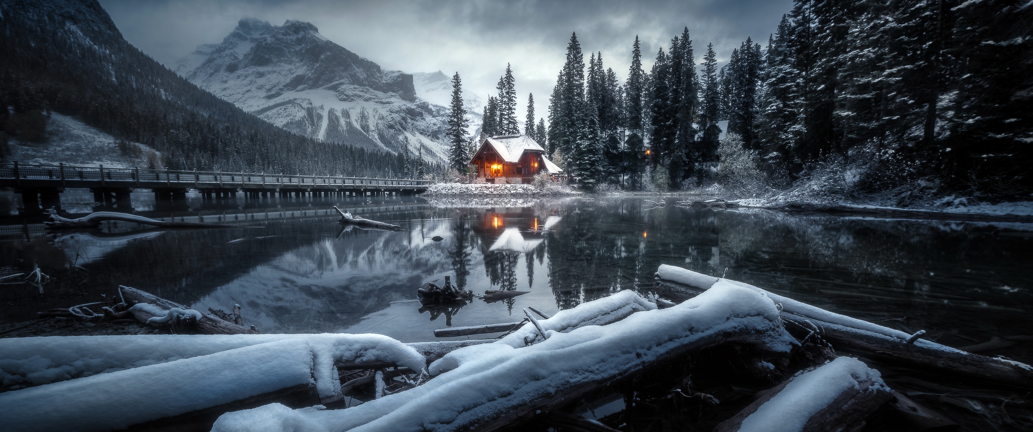 Cozy Wallpaper 4K, Winterscape, Cabin, Snowy Trees