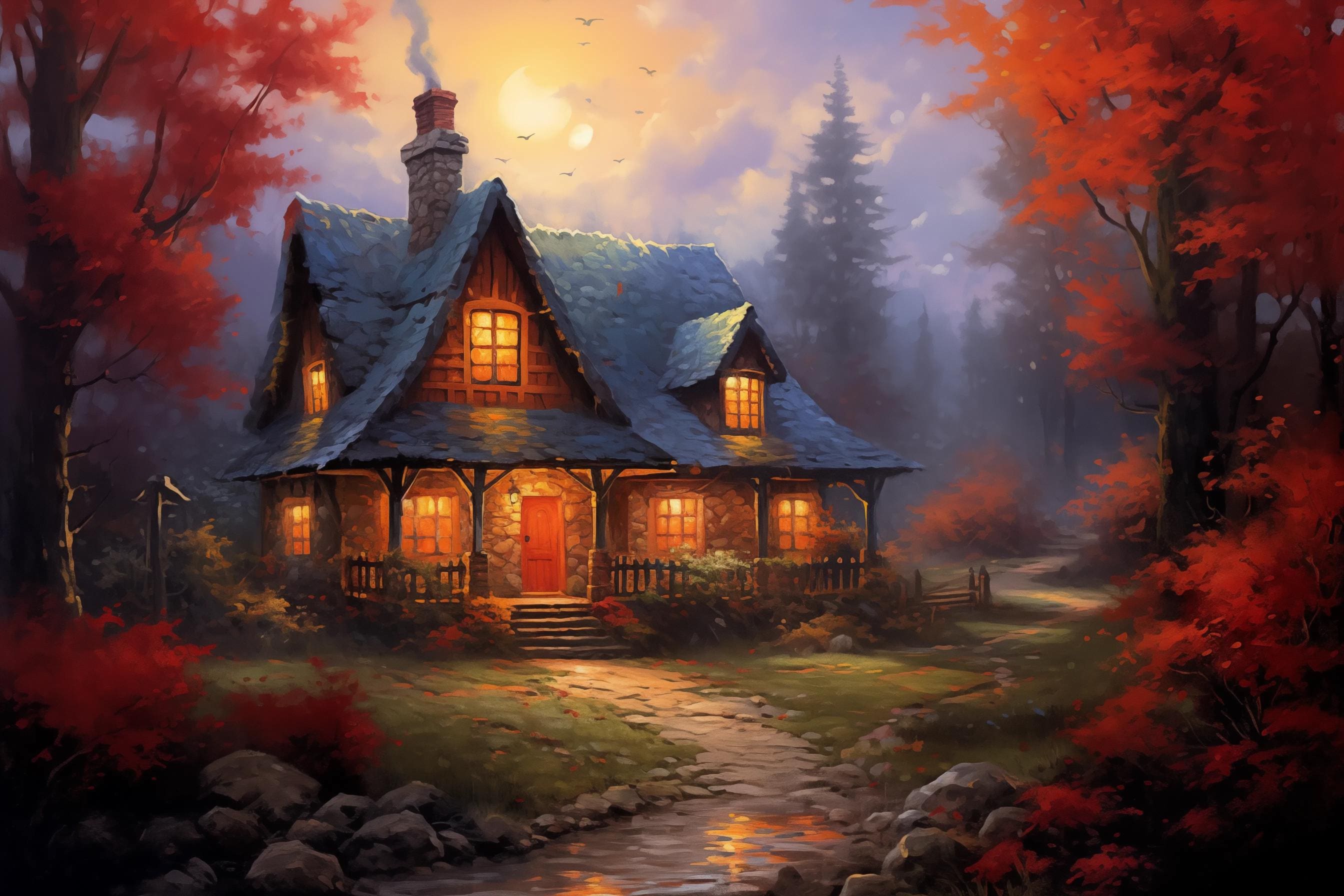 Charming Autumn Cabin. Canvas Print Cozy Home Decor Wall Art Inspired by Thomas Kinkade with Warm Colors and Enchanting Lights