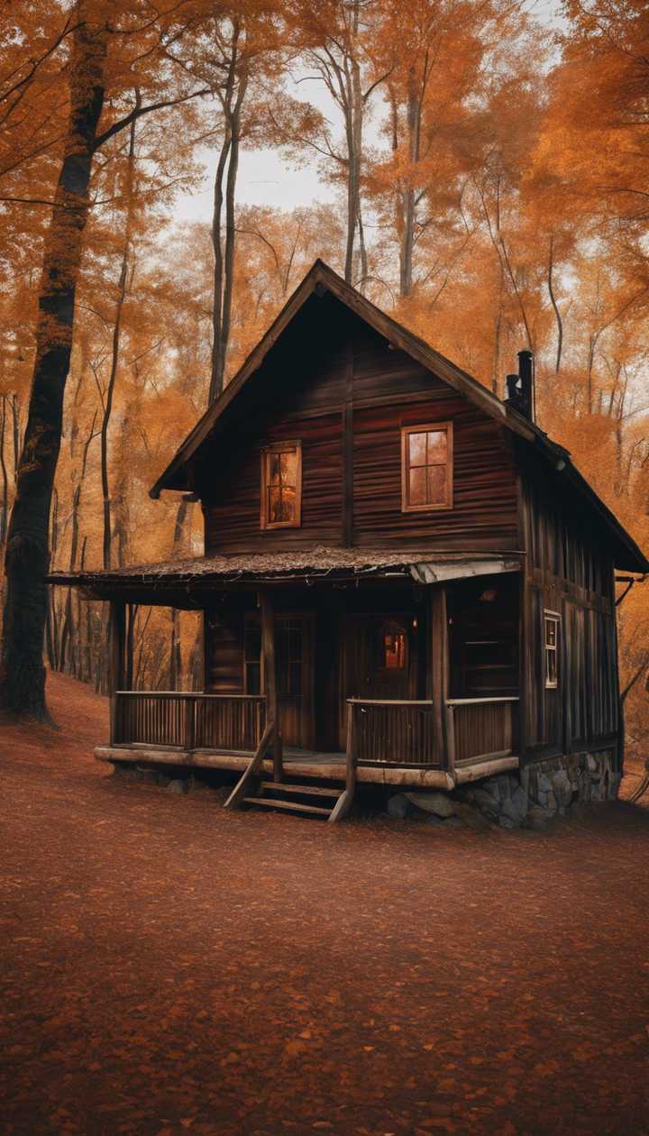 A rustic cabin nestled deep in a forest filled with trees whose leaves have turned red, gold, and orange with autumn's touch. Wallpaper [3Df83ad376174f159c5e]