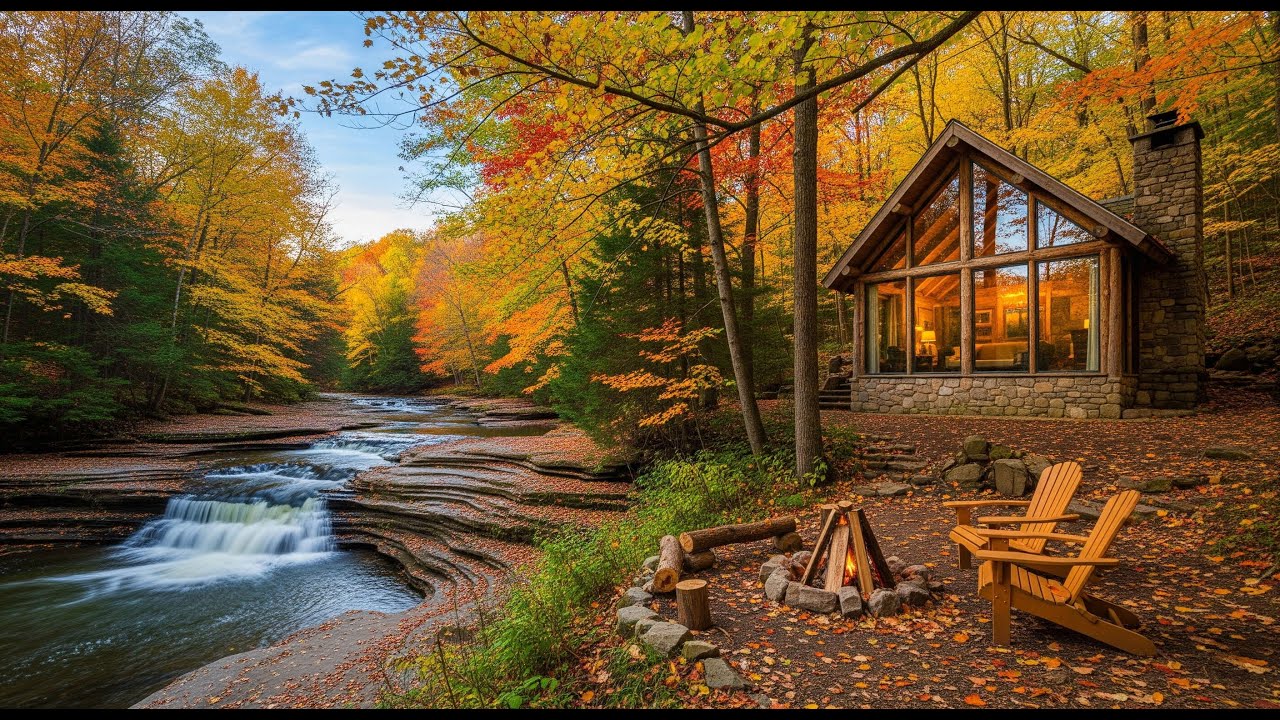 Rest in a cozy hut in the forest near the river in autumn