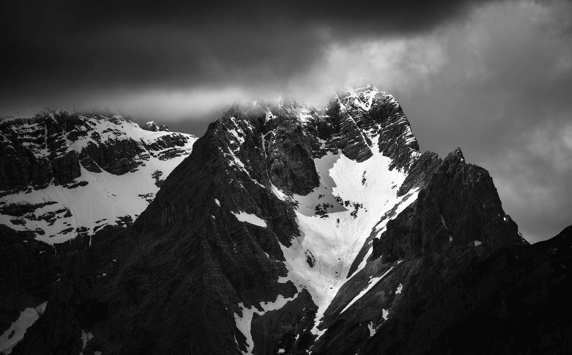Wallpaper winter, the sky, snow, mountains, clouds, nature, rocks, black and white for mobile and desktop, section пейзажи, resolution 2000x1241