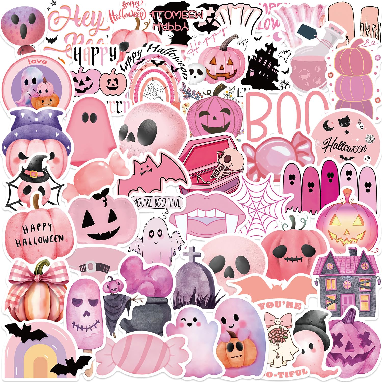 50PCS Pink Halloween Ghost Stickers Pack, Vinyl Waterproof for Water Bottle, Laptop, Computer, Phone Cute Stickers for Teens, Girls, Helmet, Toys & Games