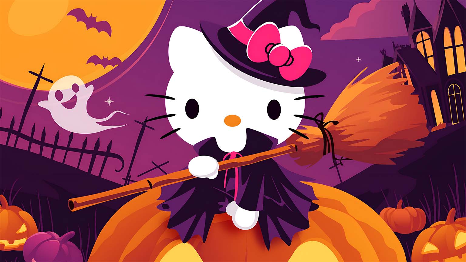 Hello Kitty Pumpkin Magic Halloween Desktop Wallpaper 4K & HD
