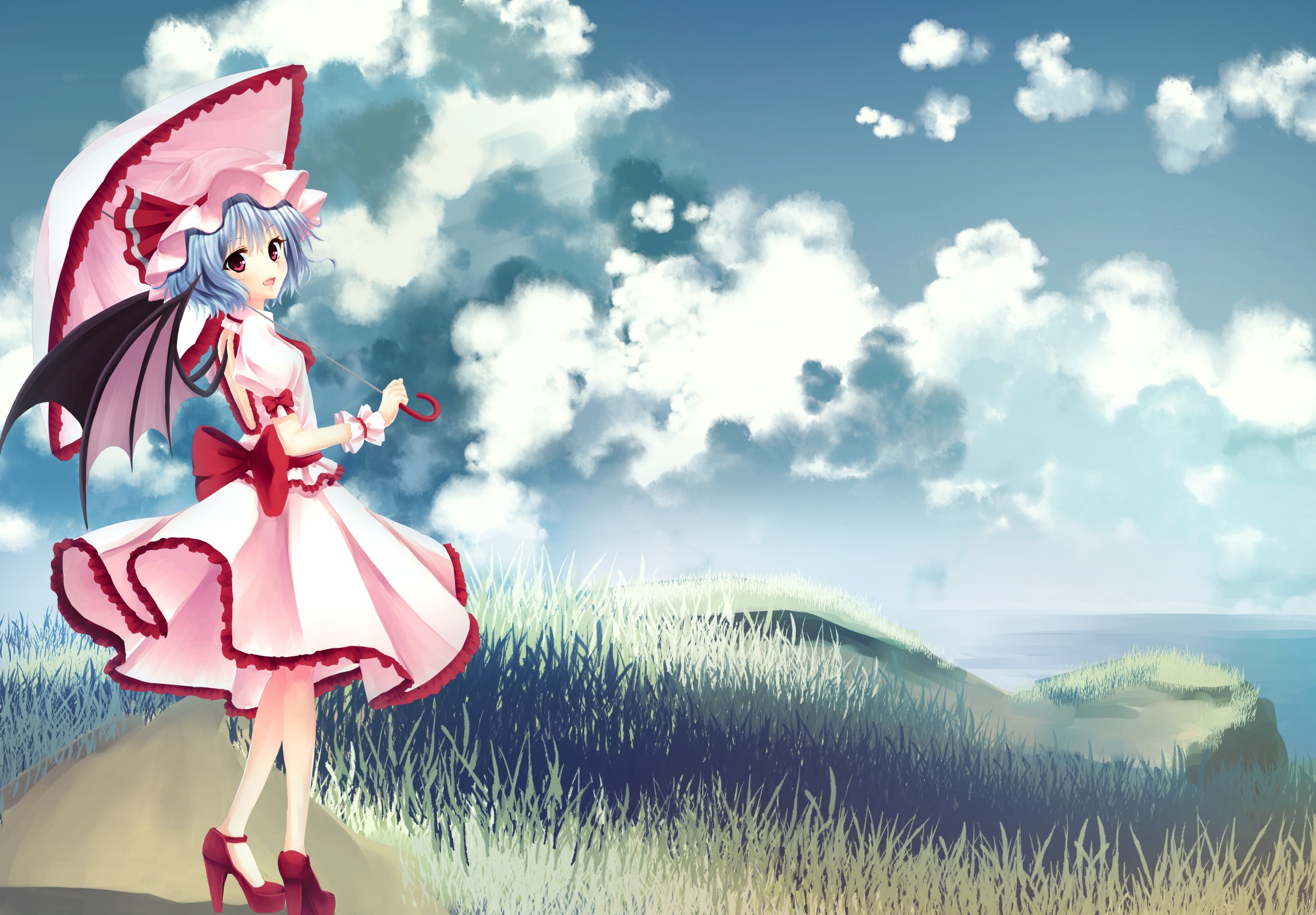 Wallpaper sea, look, girl, joy, umbrella, the demon, touhou, art for mobile and desktop, section аниме, resolution 2300x1600