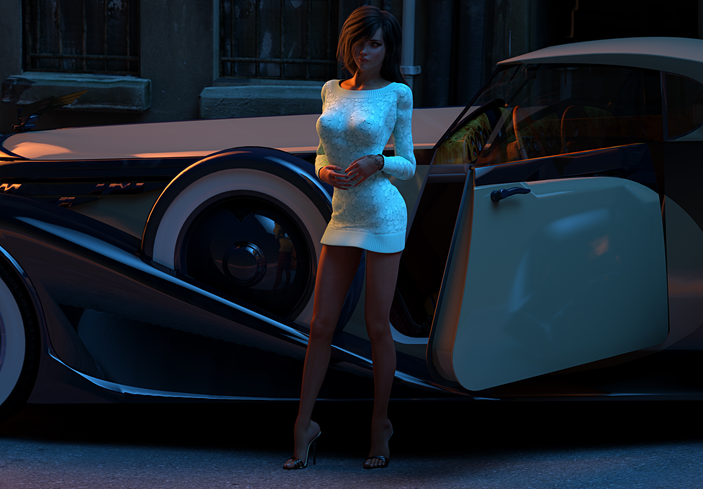Wallpaper auto, girl, rendering, street, beauty, the evening, dress, car for mobile and desktop, section рендеринг, resolution 2300x1600