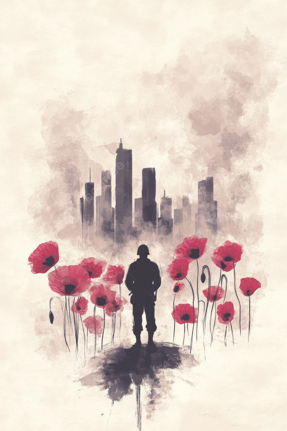 Alone Soldier Stands In The Foreground Surrounded By Vibrant Red Poppies And Soft Beige Tones Of An Urban Landscape Battlefield Background Wallpaper Image For Free Download