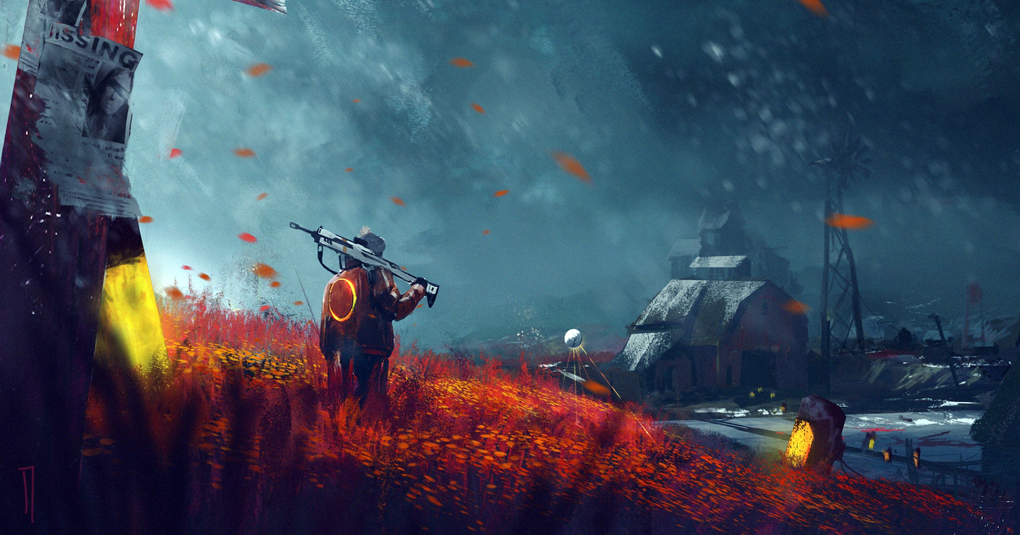 Wallpaper soldier, field, weapon, winter, snow, alone, painting, digital art for mobile and desktop, section фантастика, resolution 2057x1080