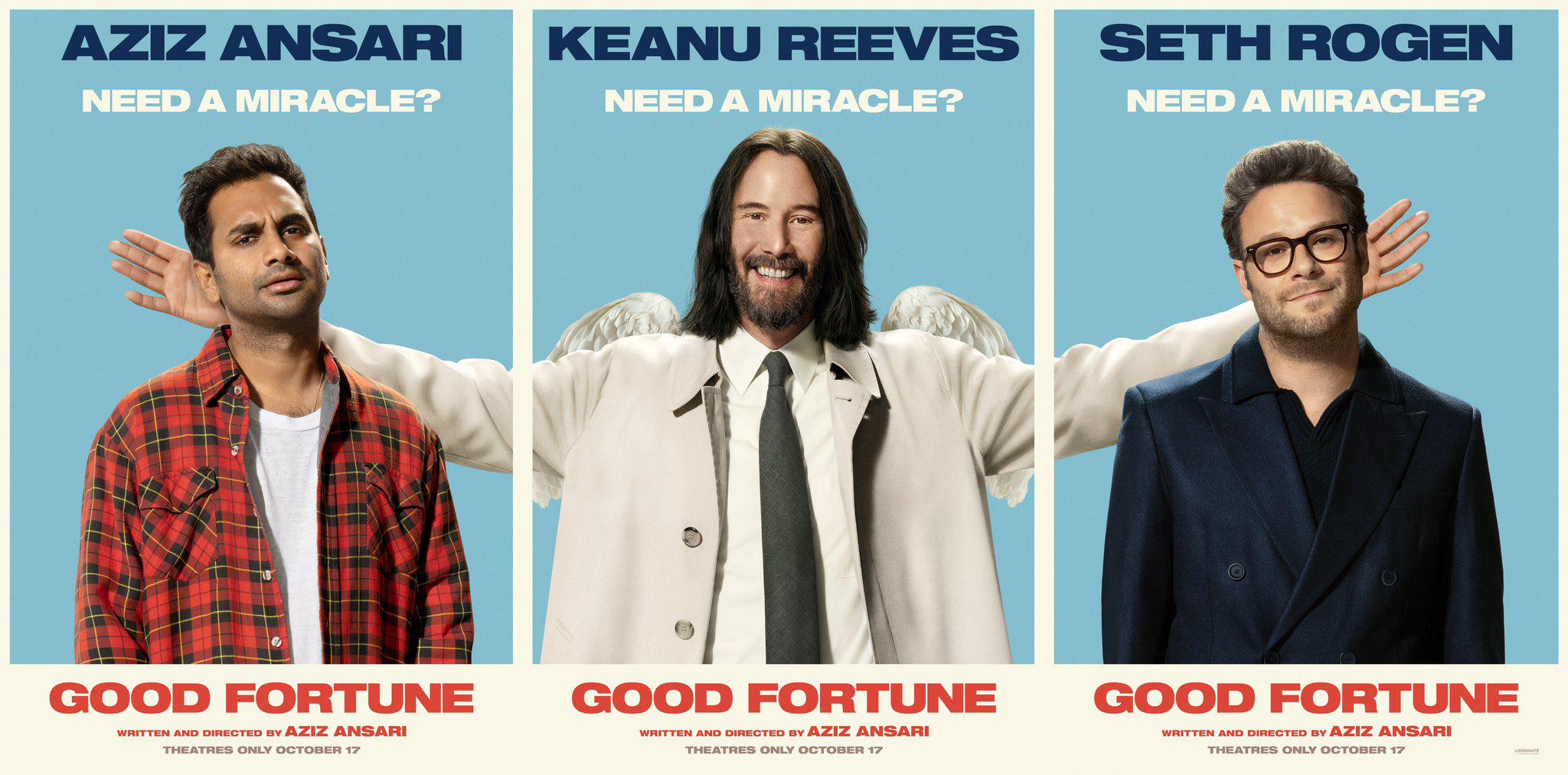 Official posters for 'GOOD FORTUNE', starring starring Seth Rogen, Aziz Ansari, Keke Palmer, Sandra Oh and Keanu Reeves The film follows an inept angel who meddles in the lives of a gig