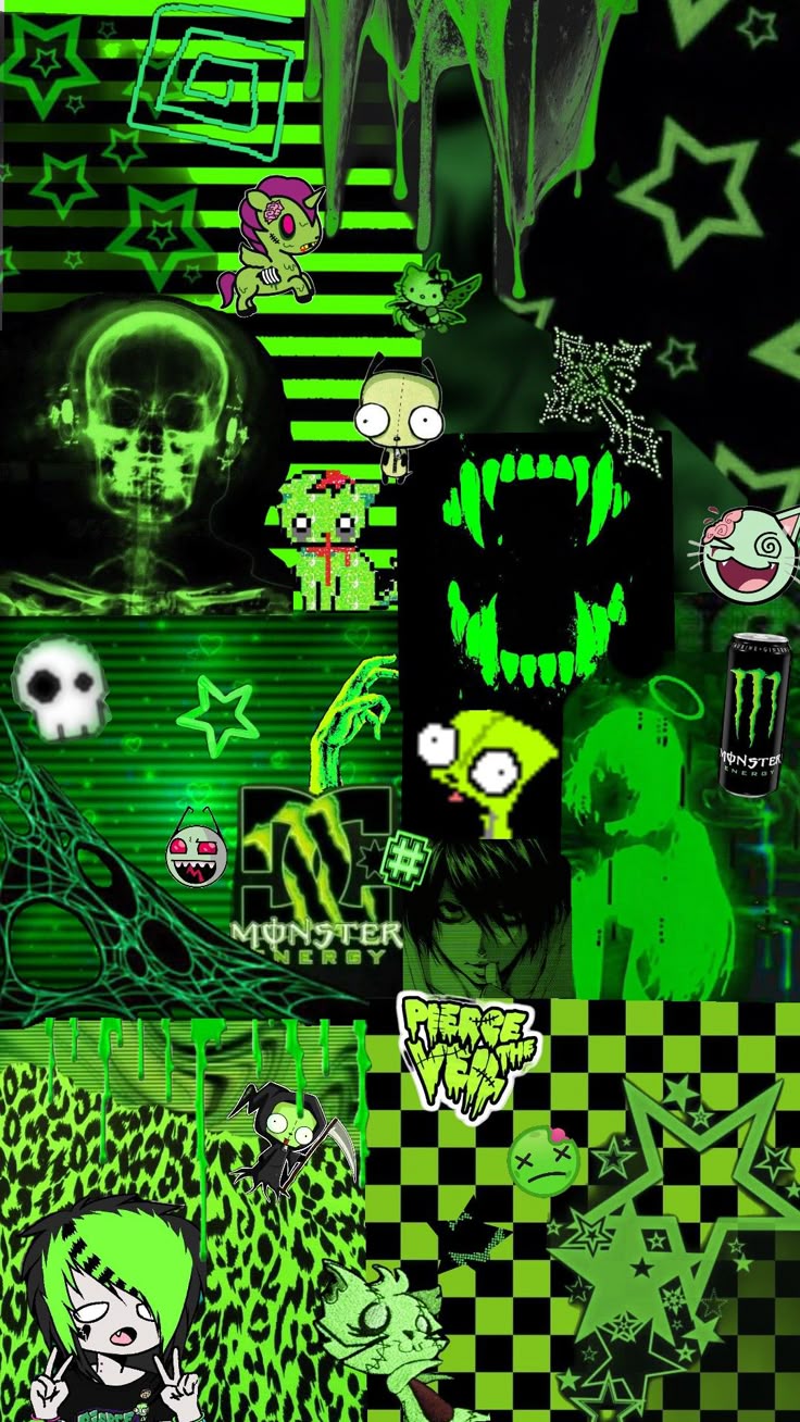 Black & Green Scenemo (ish) wallpaper #alt #scenemo #scene #emo #wallpaper #greenemo #emogreen #greenscene #aesthetic #collage #gir #invaderzim #y2k #fyp #spookyxcreature