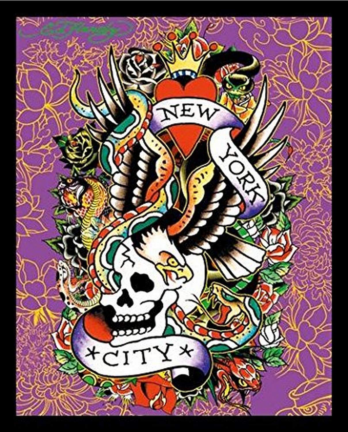 Framed Ed Hardy New York City 19.5x15.5 Tattoo Art Print Poster Skull Serpents Eagle and Roses Against Violet: Posters & Prints