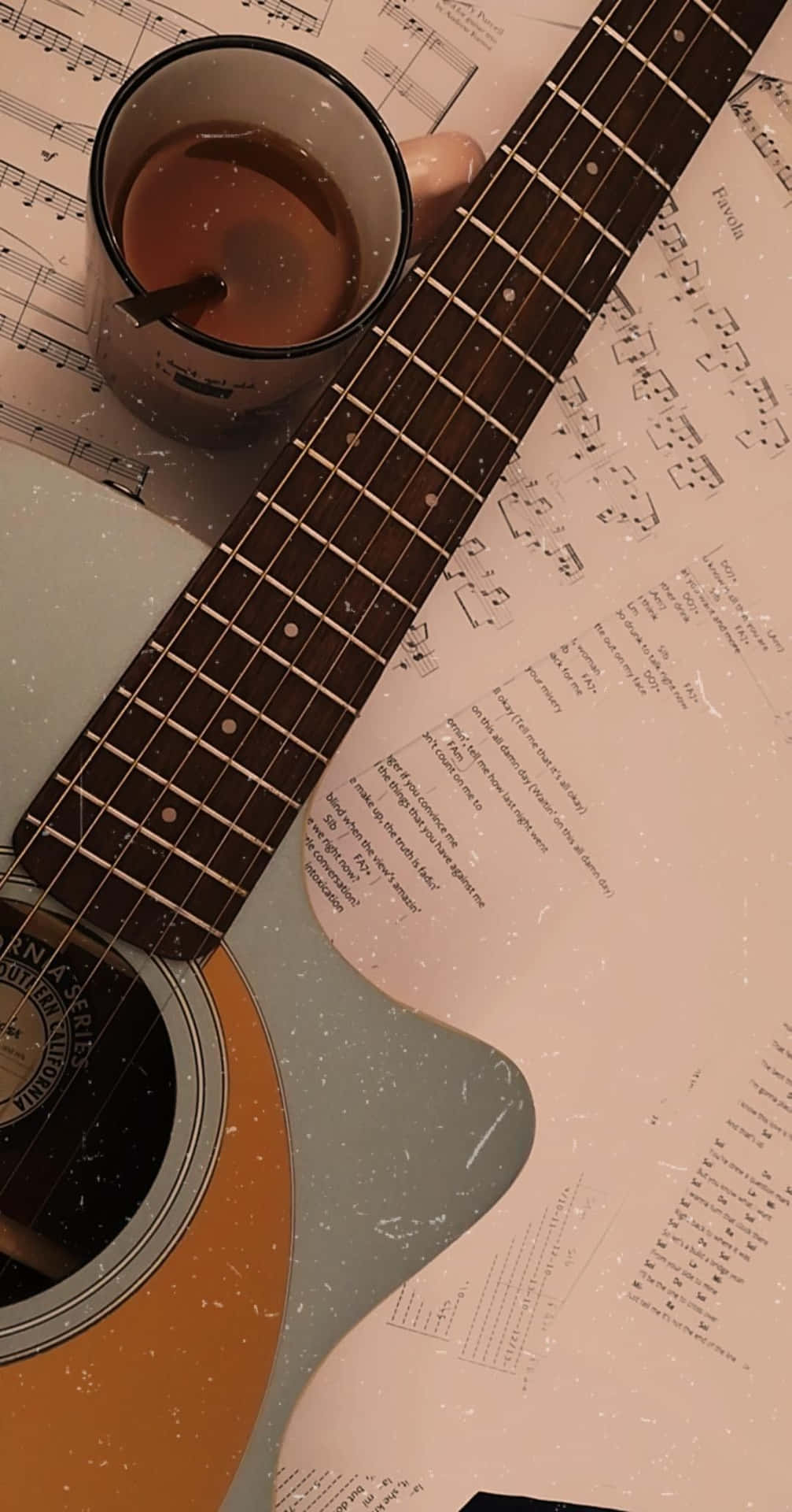 Download A Guitar And Cup Of Coffee On A Sheet Of Music Wallpaper
