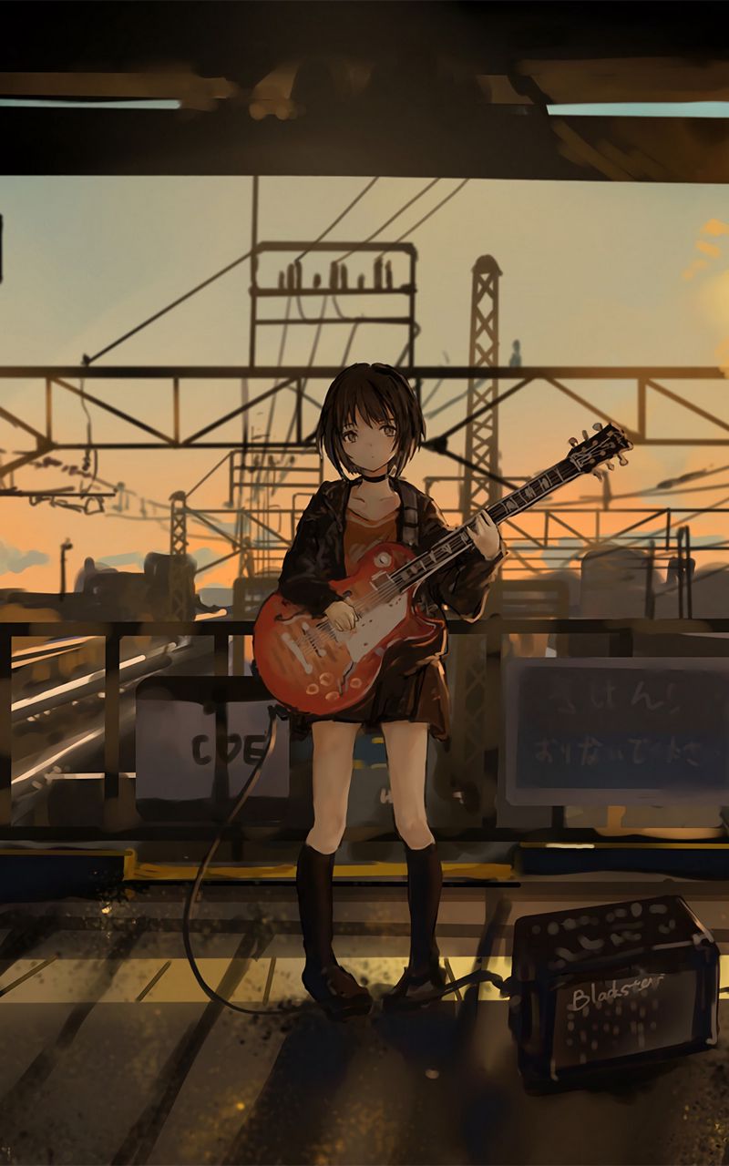 Download Wallpaper 800x1280 Girl, Guitar, Anime, Musician, Electric Guitar, Art Samsung Galaxy Note Gt N7000, Meizu Mx2 HD Background