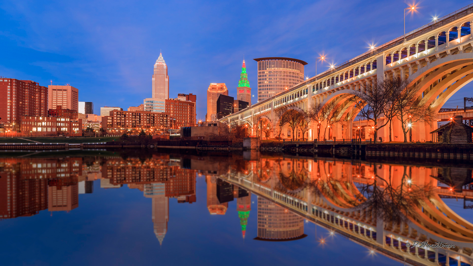 Wallpaper bridge, lights, reflection, home, USA, Cleveland, Ohio for mobile and desktop, section город, resolution 1920x1080