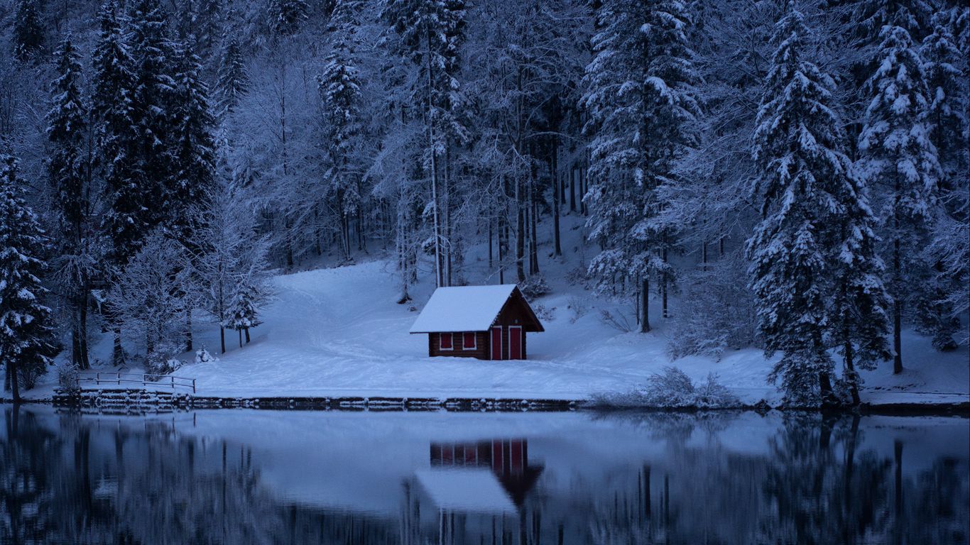 Download wallpaper 1366x768 lake, forest, snow, winter, trees tablet, laptop HD background