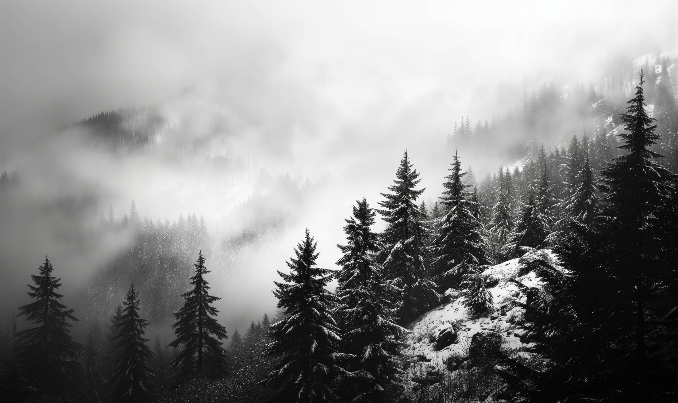 Dark B&W Photo of Trees in Foggy Winter Mountains. Free Winter Image