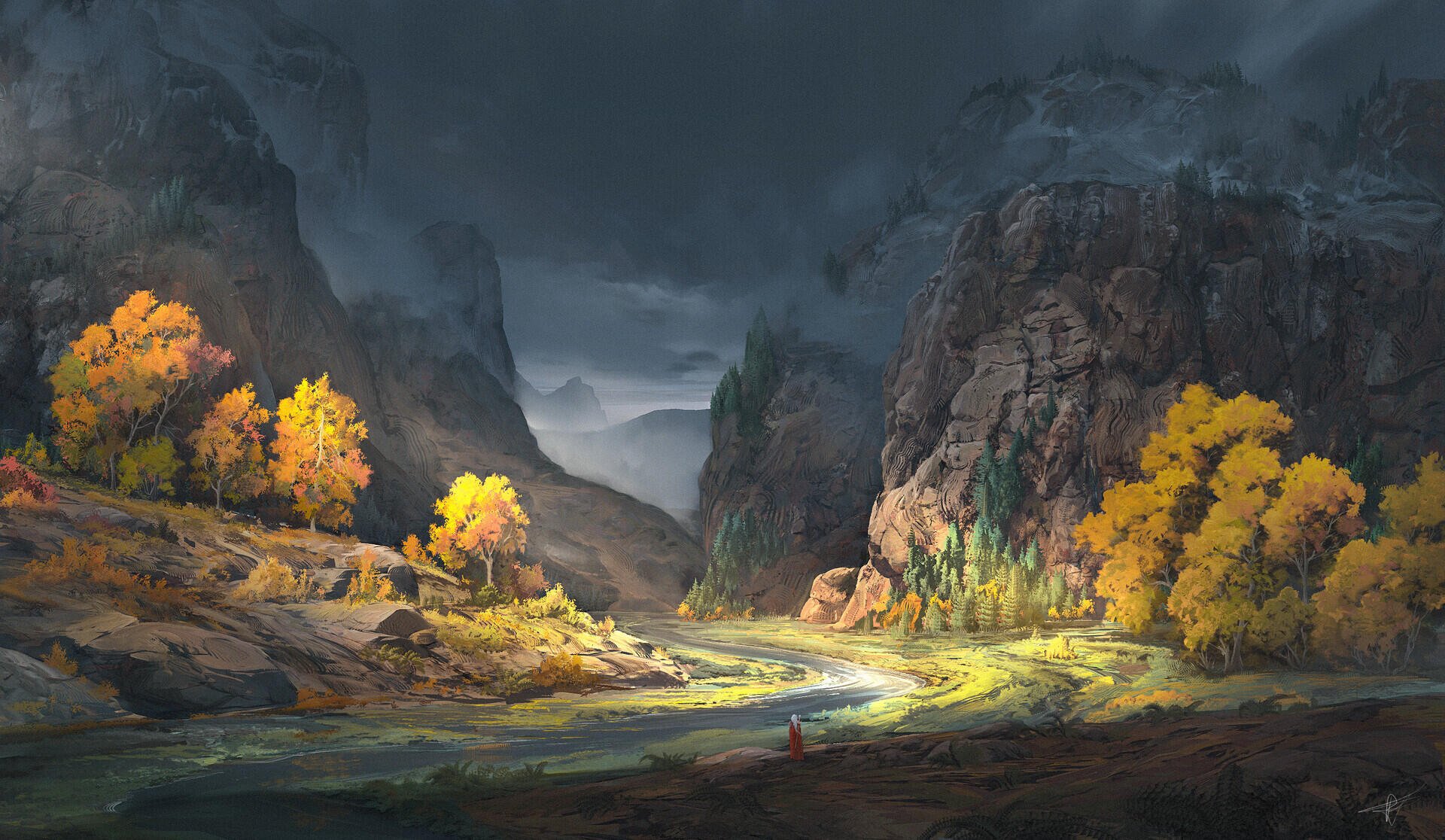 HD Mountain Landscape Wallpaper with Dramatic Cloudscape and Autumn Foliage