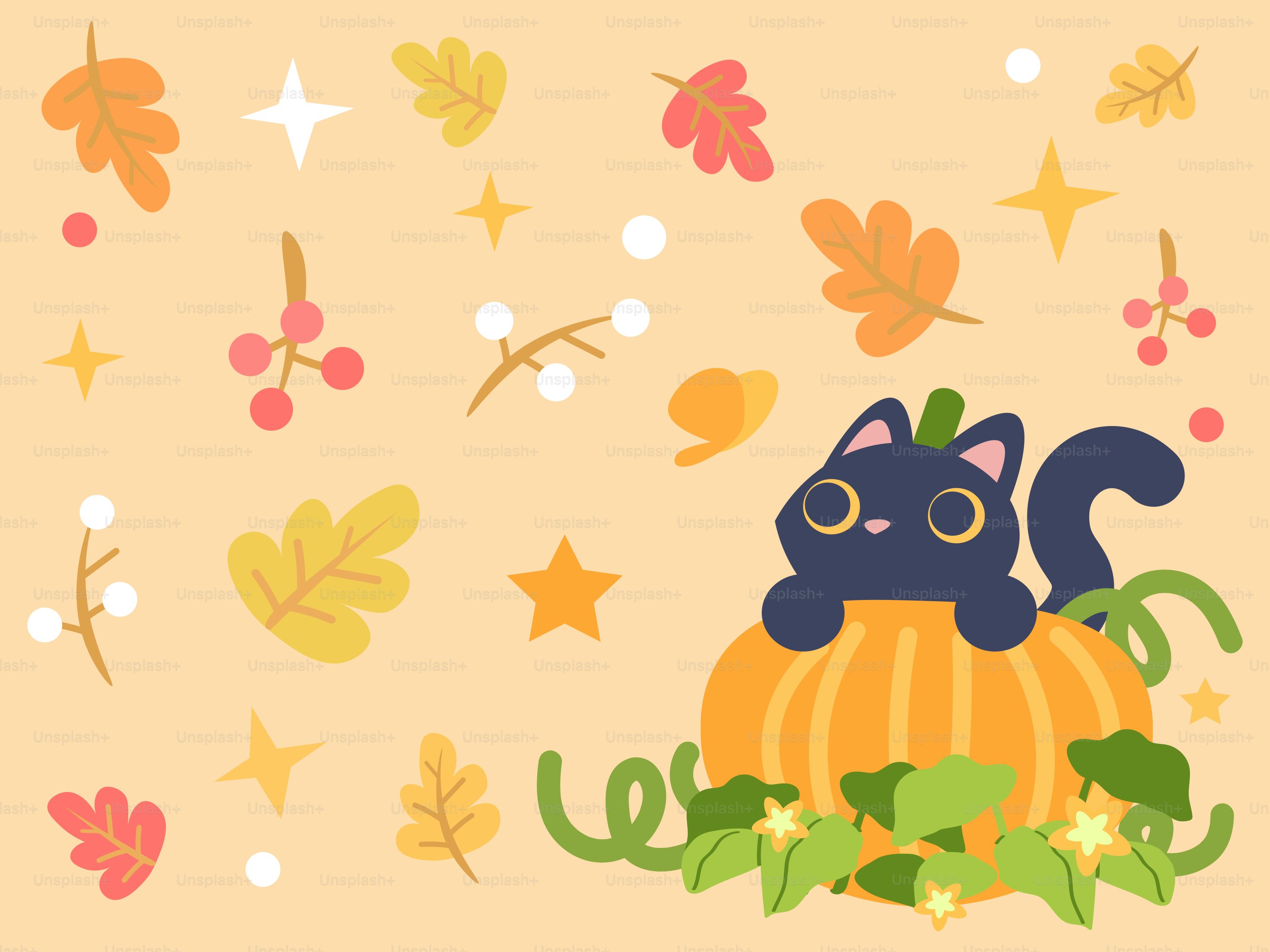 Black cat on pumpkin with autumn leaves vector