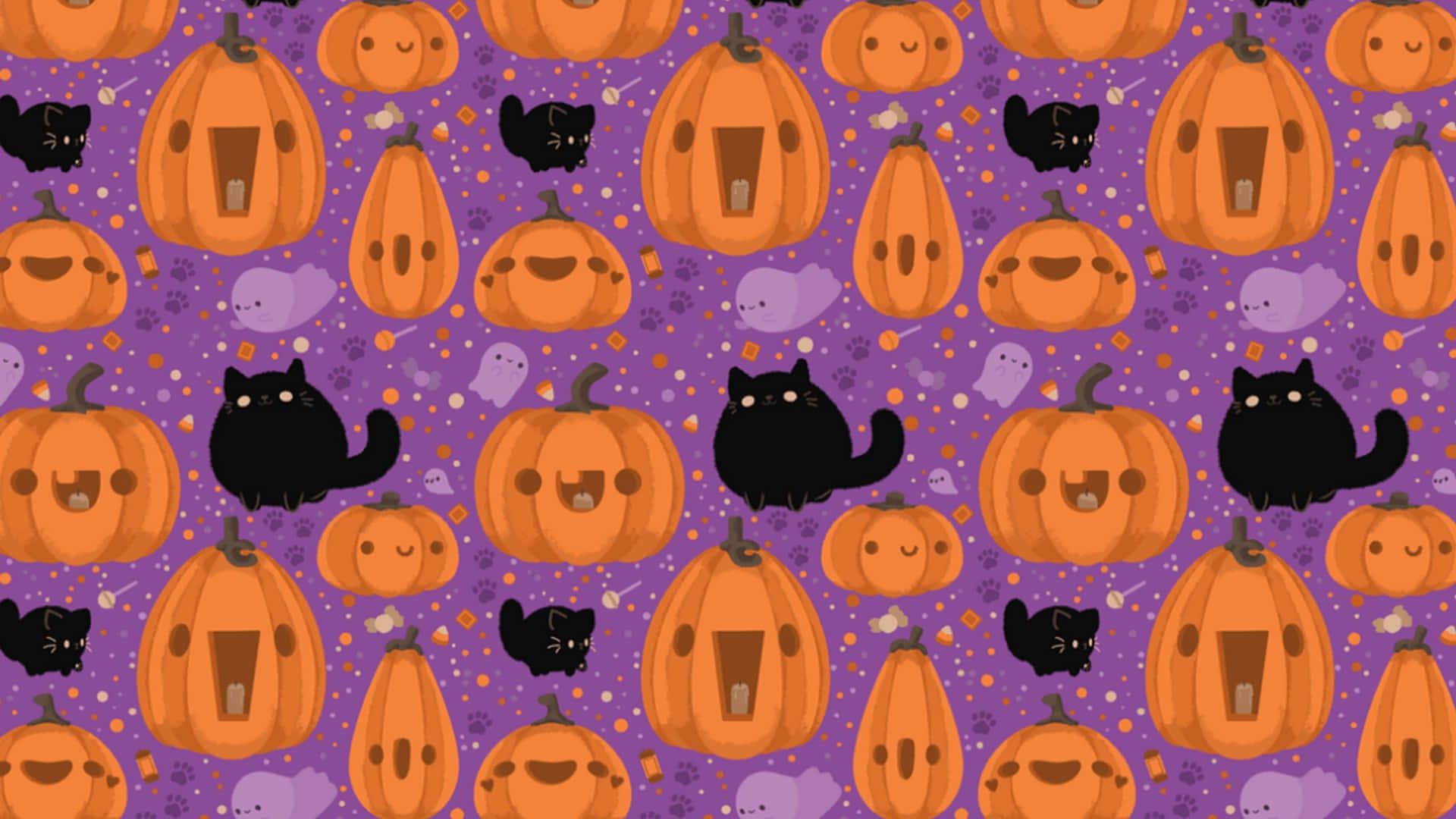 Download Purple Halloween Patternwith Pumpkinsand Cats Wallpaper