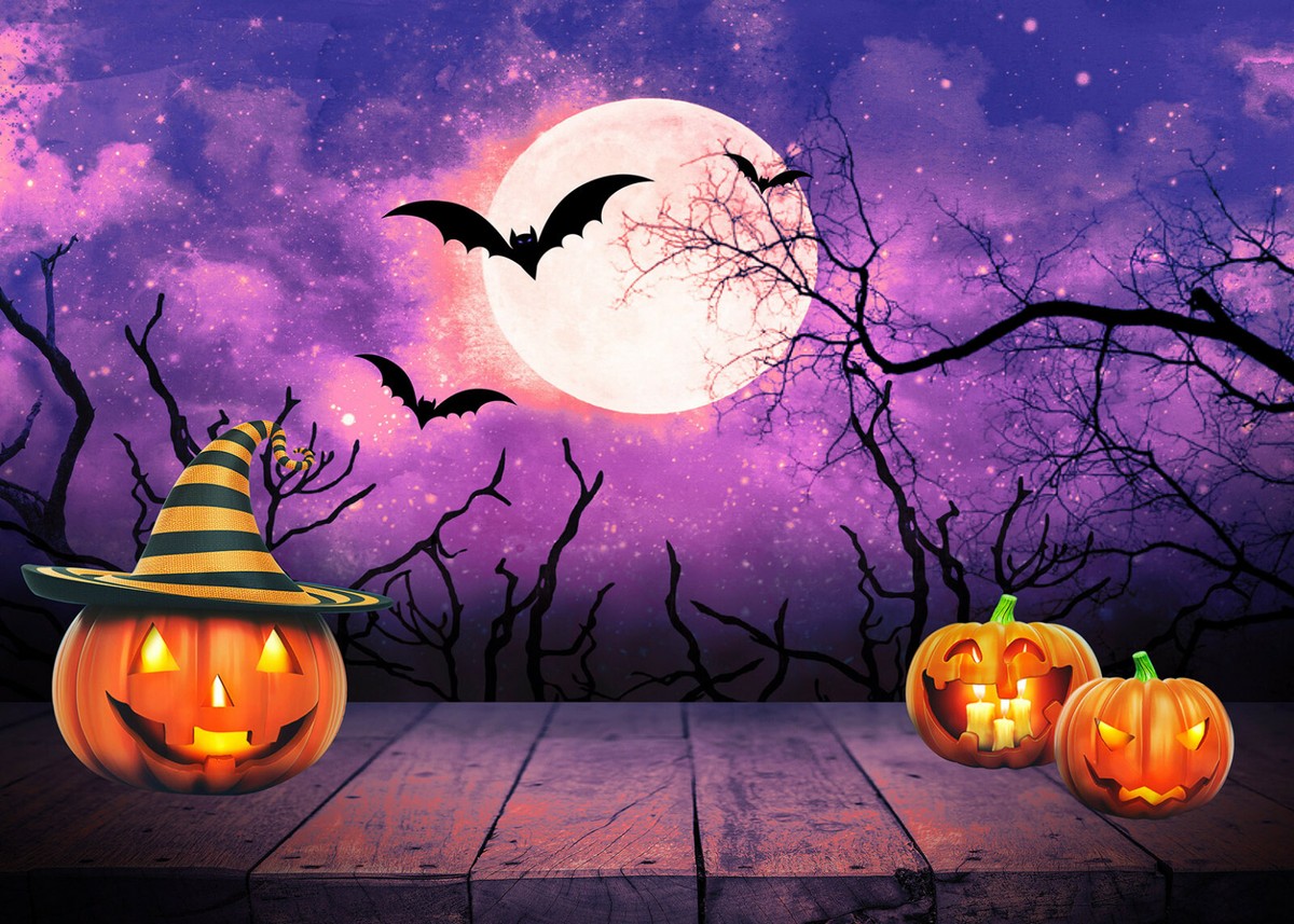 10x8ft Purple Sky Halloween Night Horror Pumpkin Photo Background Vinyl Backdrop