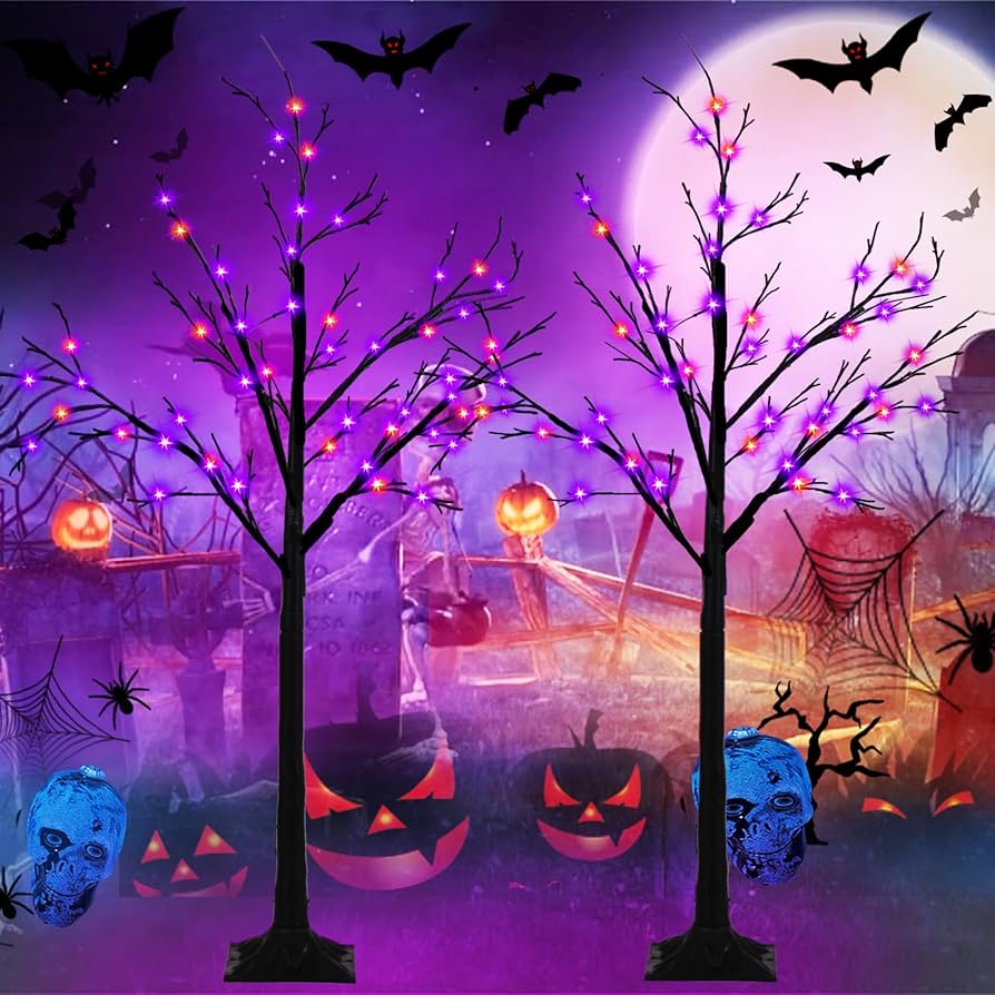 2 Pack 4FT Lighted Black Halloween Tree With 96 LED Orange & Purple Lights, Higher Size, Timer Function Halloween Trees Lights Spooky Tree For Indoor & Outdoor Halloween Decorations Home Party Decor