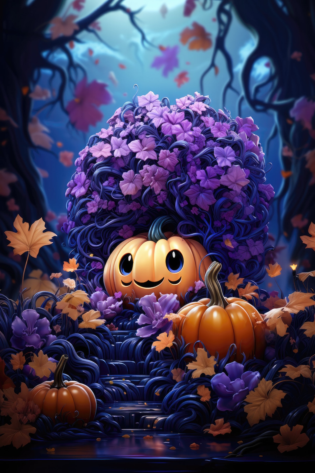 Digital Halloween Art Purple Foliage & Orange Expressive Pumpkin Bundle, Fall Reimagined, AI Creations, Purple Digital Art, Spooky