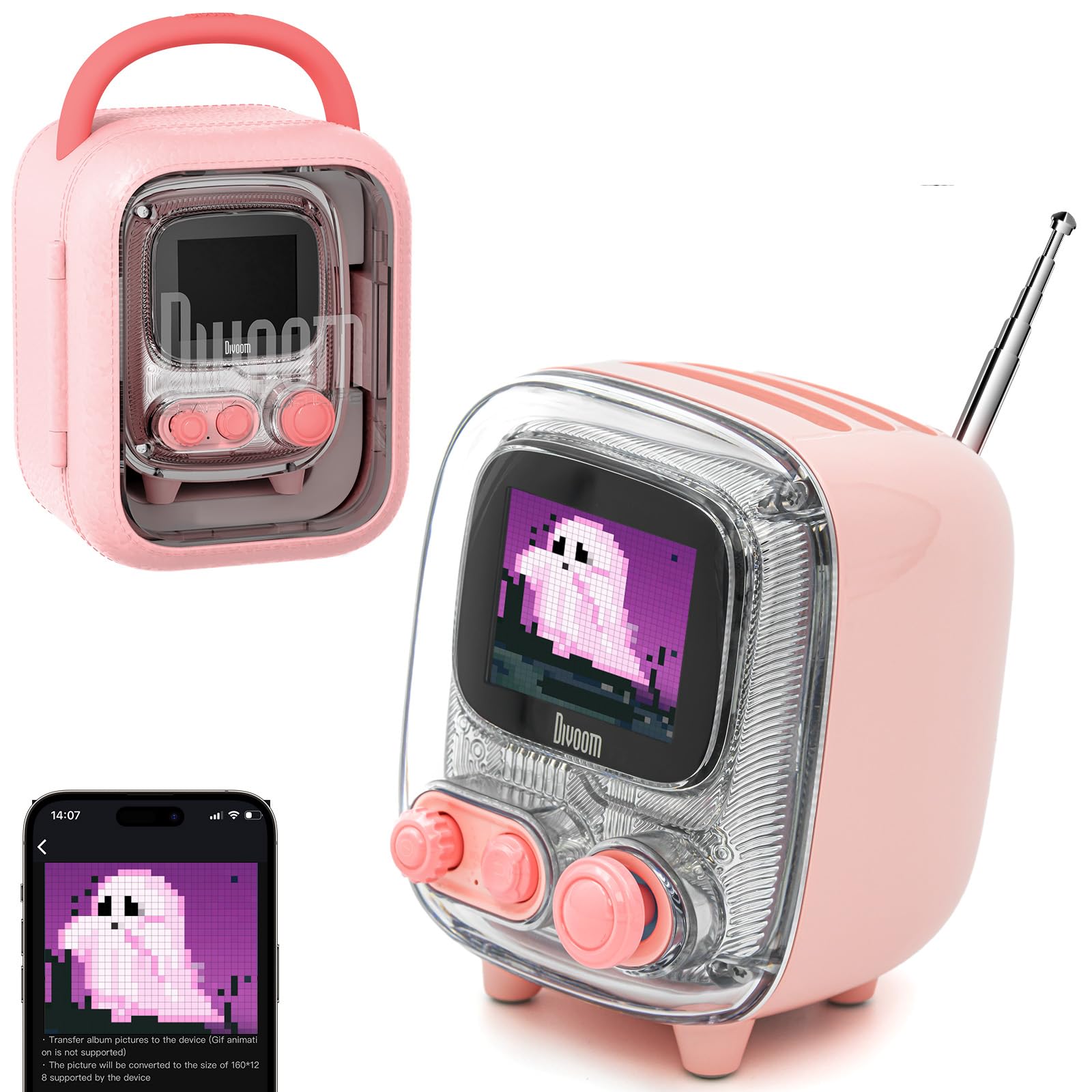 Divoom Tiivoo 2 Retro Bluetooth Speaker With FM Radio, Pixel Art Portable Mini Cute Wireless Small Speaker, Vintage Decor Suitable For Party Office Desk Home Bedroom Kitchen, Gifts For Women Men, Pink