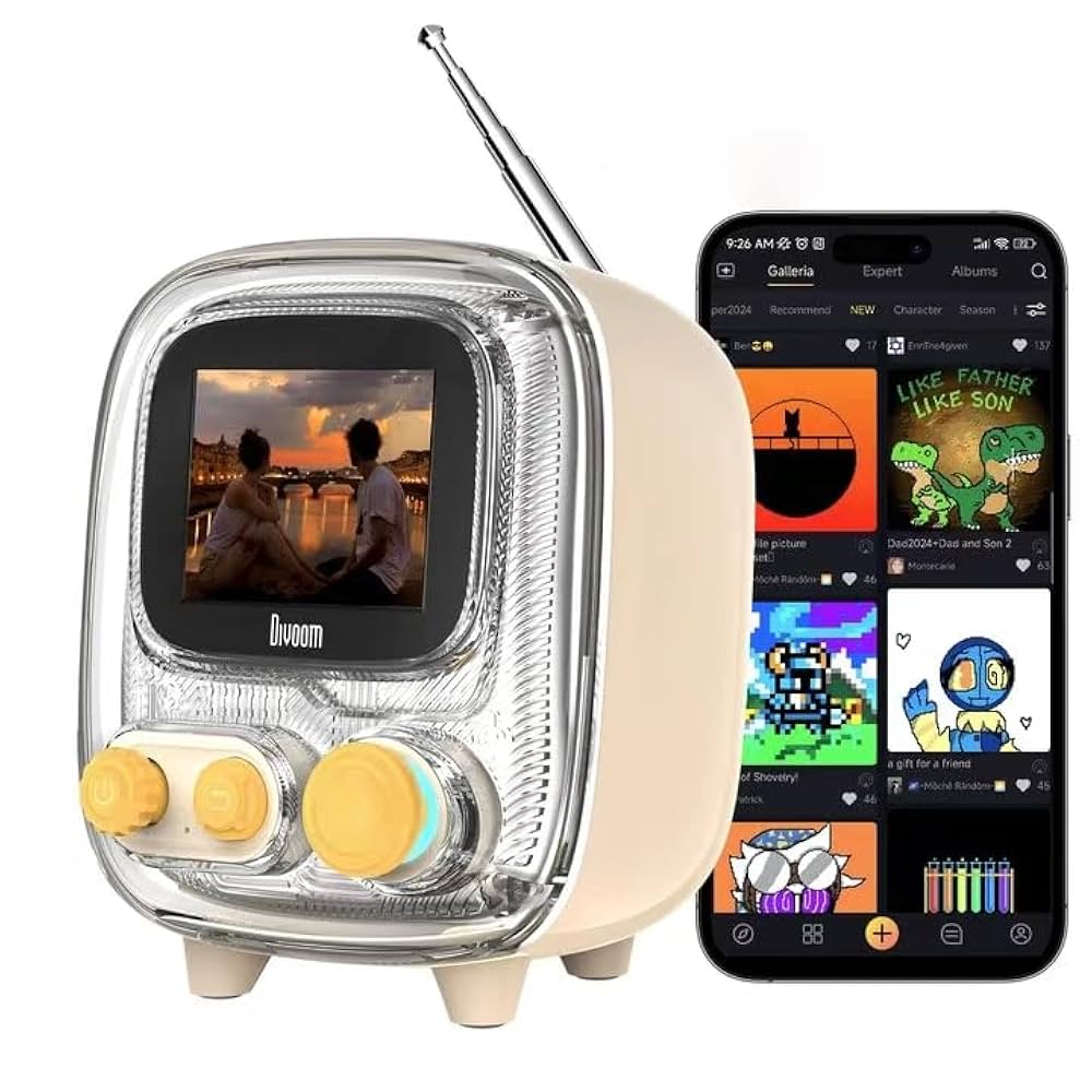 Divoom Tiivoo‑2 Pixel Art Bluetooth Speaker Gift with Alarm Clock, FM Radio, White Noise & Pixel Display for Home，Gaming Desk，Bedroom，Kitchen，Outdoor (Beige), Home & Kitchen