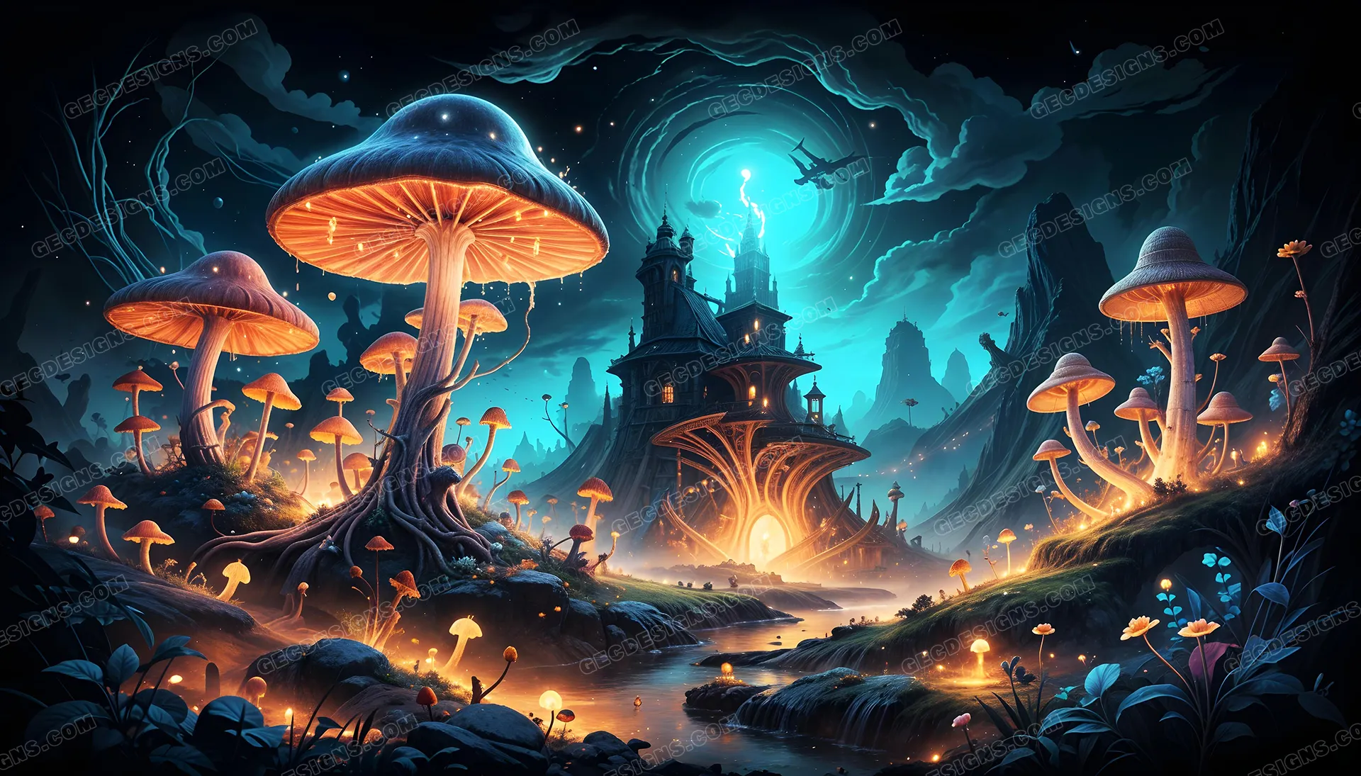 Fantasy castle in a fairy mushroom forest wallpaper