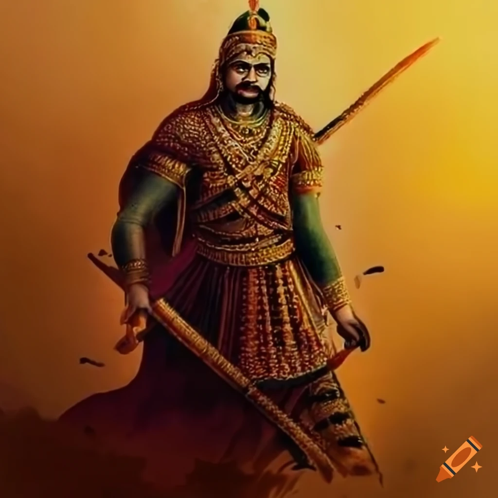 Create an artistic representation of Maharana Pratap, the valiant and revered Rajput warrior and ruler. Maharana Pratap was a symbol of courage, resilience, and indomitable spirit, known for his unwavering commitment to