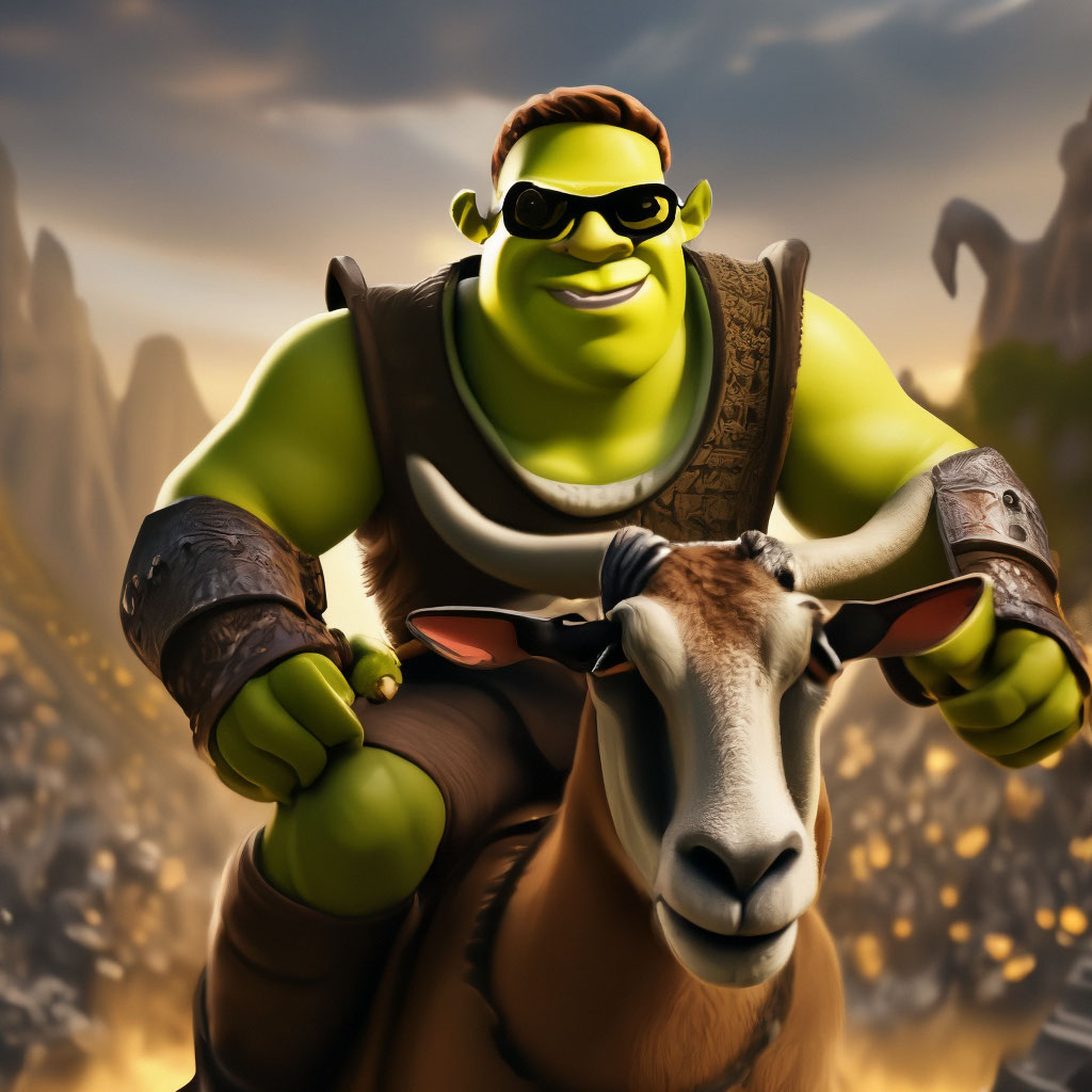 Shrek sigma rides a goat. Epic background and anime. Shrek is wearing thuggy