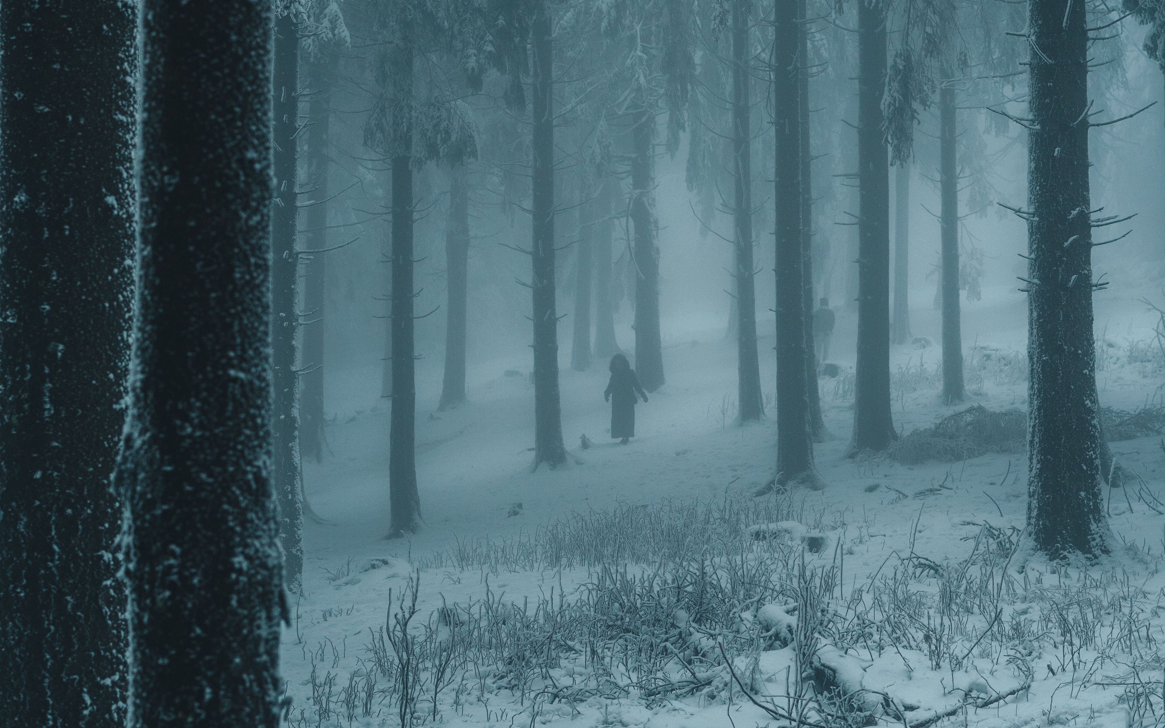Download wallpaper 3840x2400 forest, winter, fog, snow, people, silhouettes 4k ultra HD 16:10 HD background