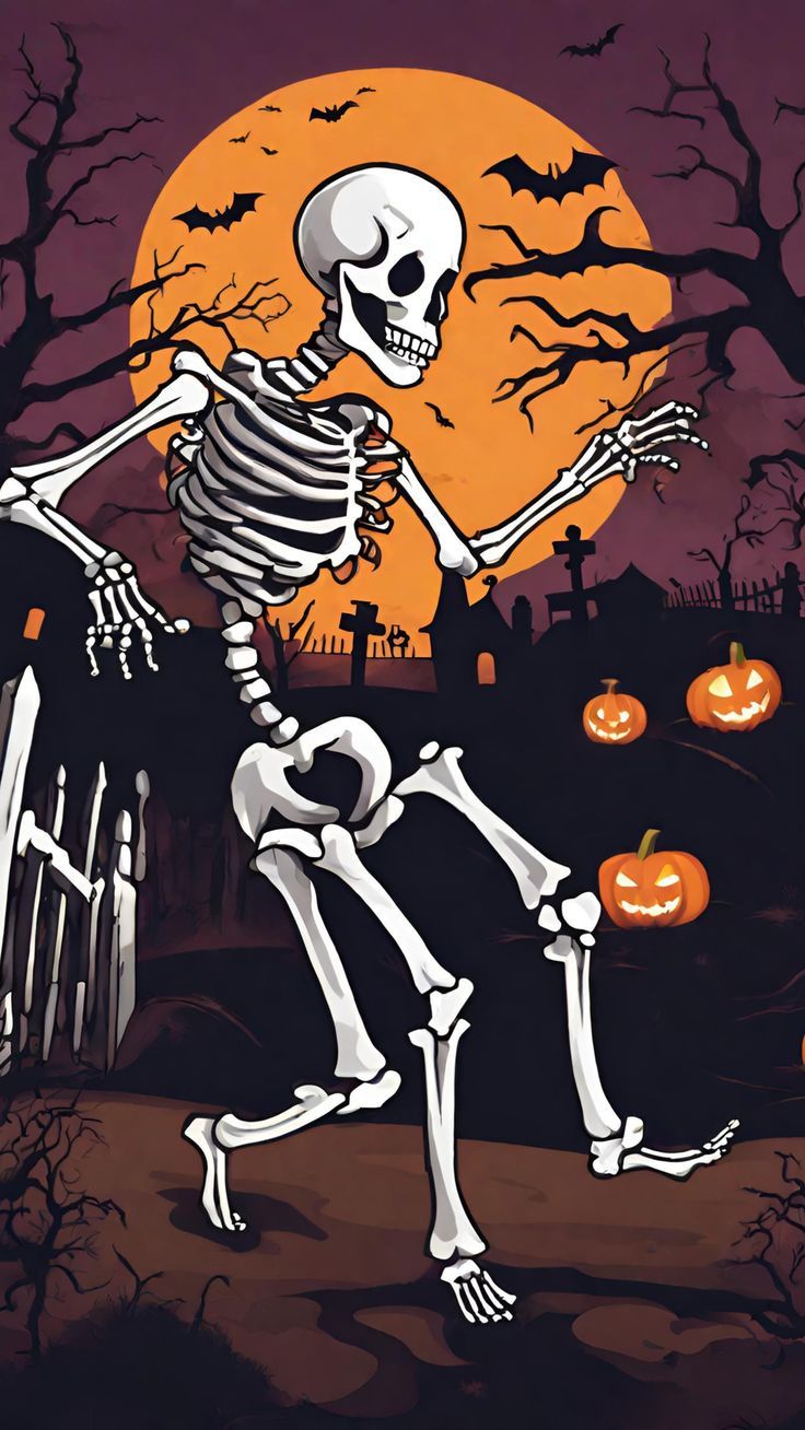 A Halloween Night. A Funny Horror Scene. A Skeleton is Dancing. Background graveyard, Red Moon