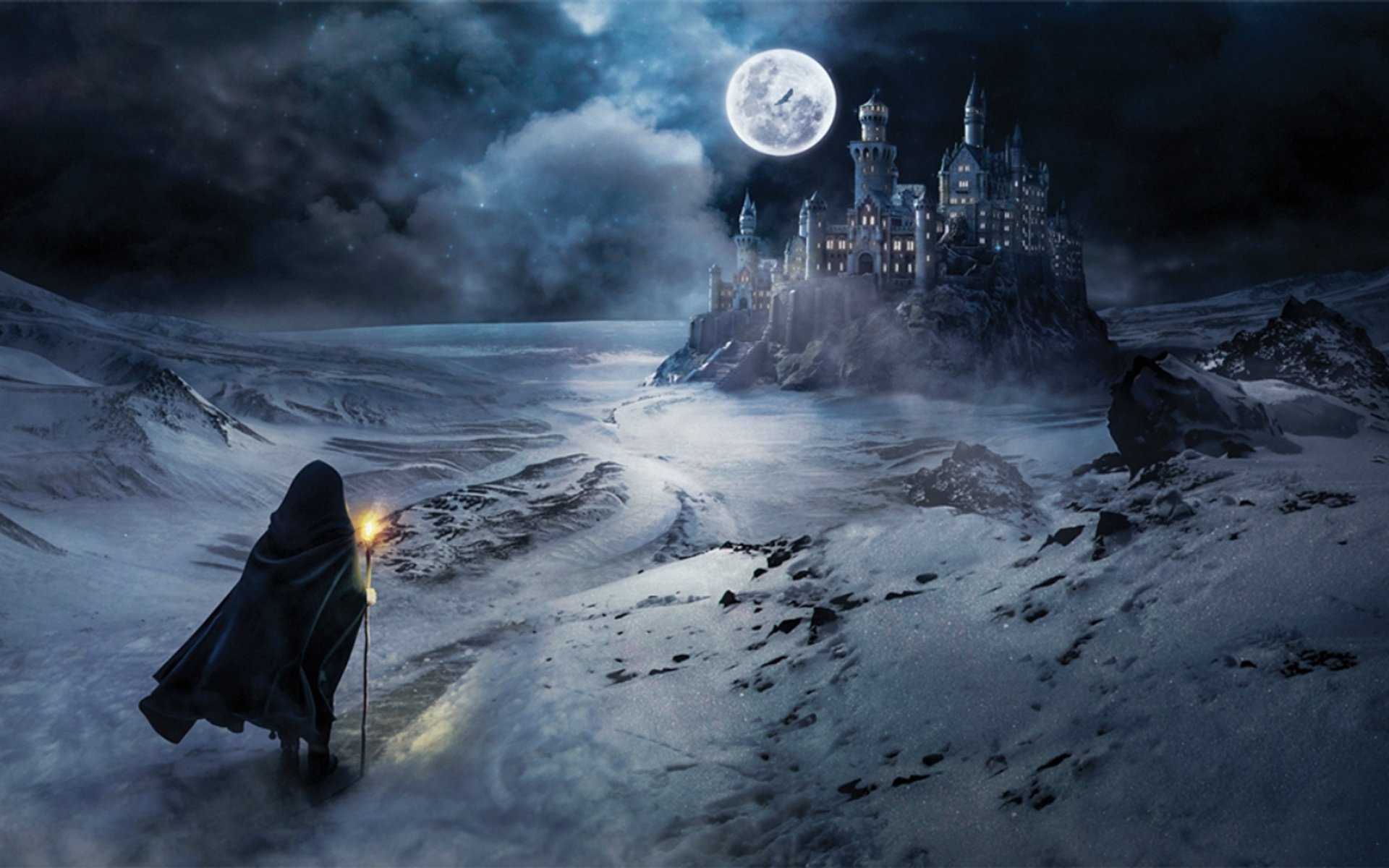Moonlit Winter Fantasy Adventure Castle HD Wallpaper