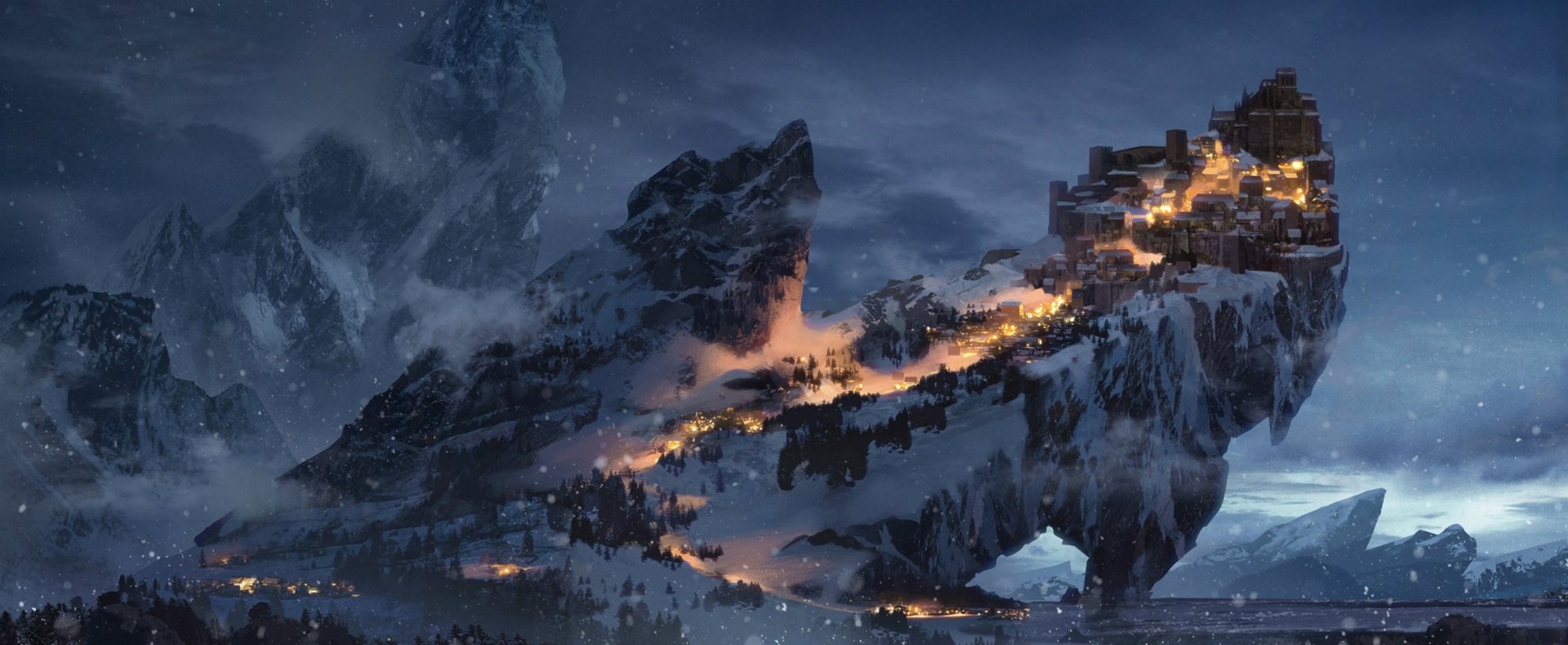 Fantasy Winter Cityscape Mountain Night Wallpaper