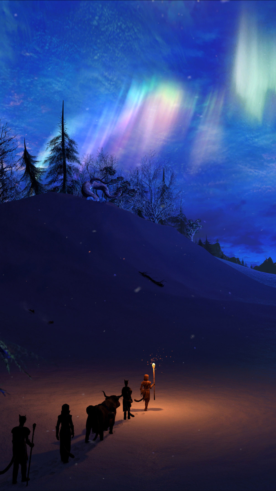 Phone wallpaper: Snow, Aurora Borealis, Light, Fantasy, Winter, Mountain, Night, Sky 1299575
