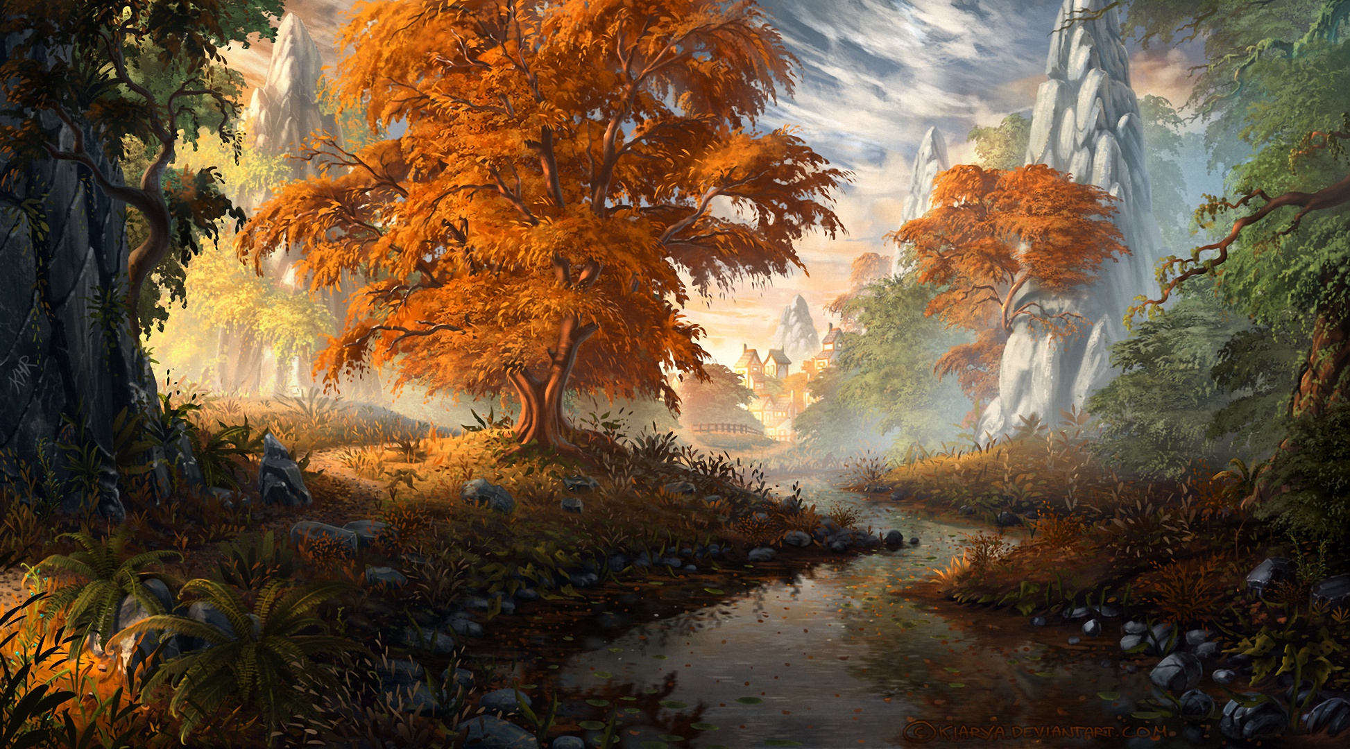 Wallpaper autumn, trees, landscape, mountains, stream, home for mobile and desktop, section живопись, resolution 1946x1080
