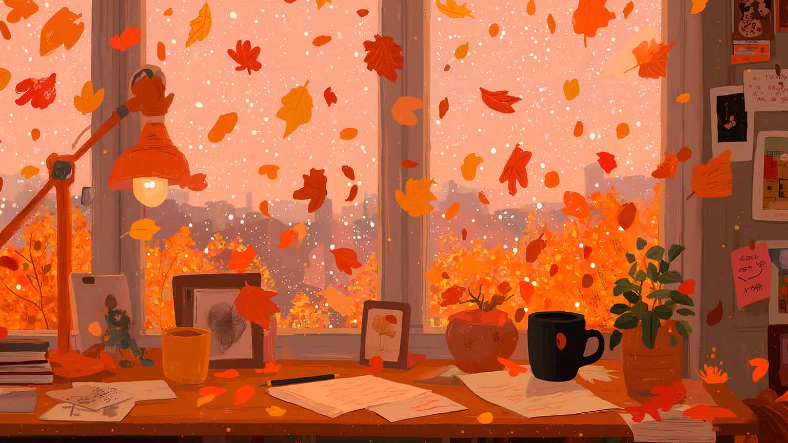Autumn Leaves Falling on Desk Cozy Desktop Wallpaper 4K