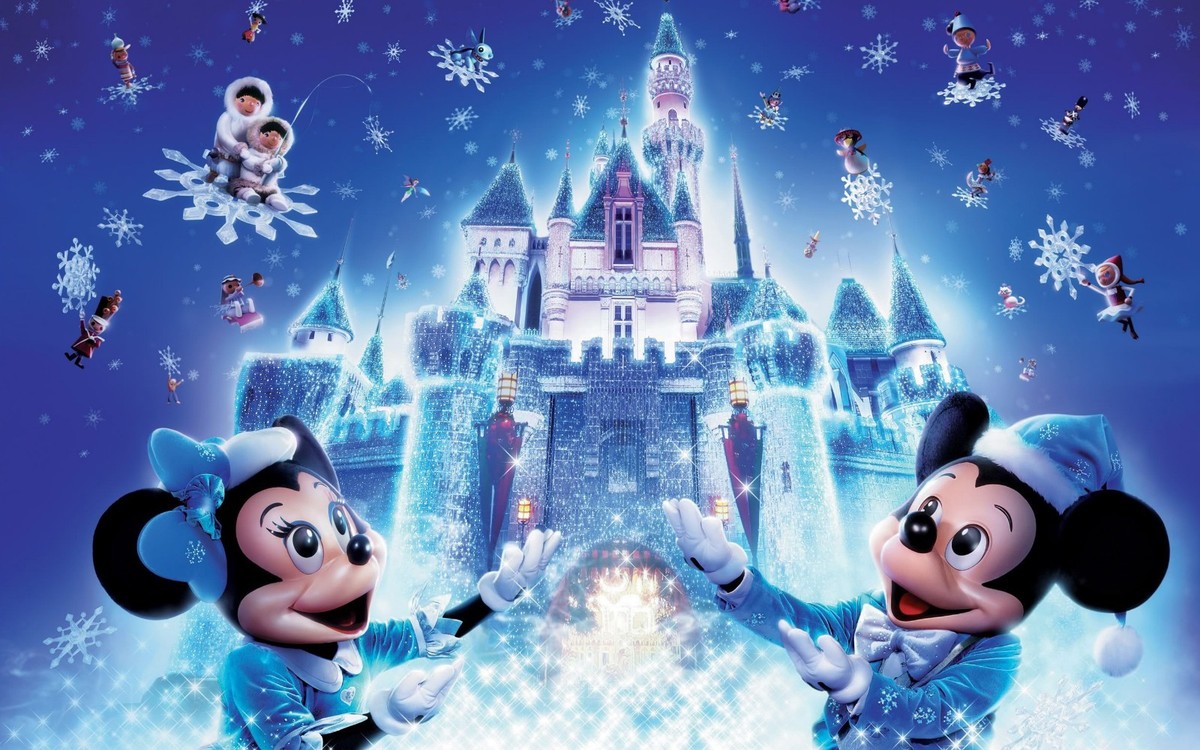 DISNEY CHRISTMAS CASTLE MINNIE AND MICKEY MOUSE 24X36 Inch POSTER, Disneyland