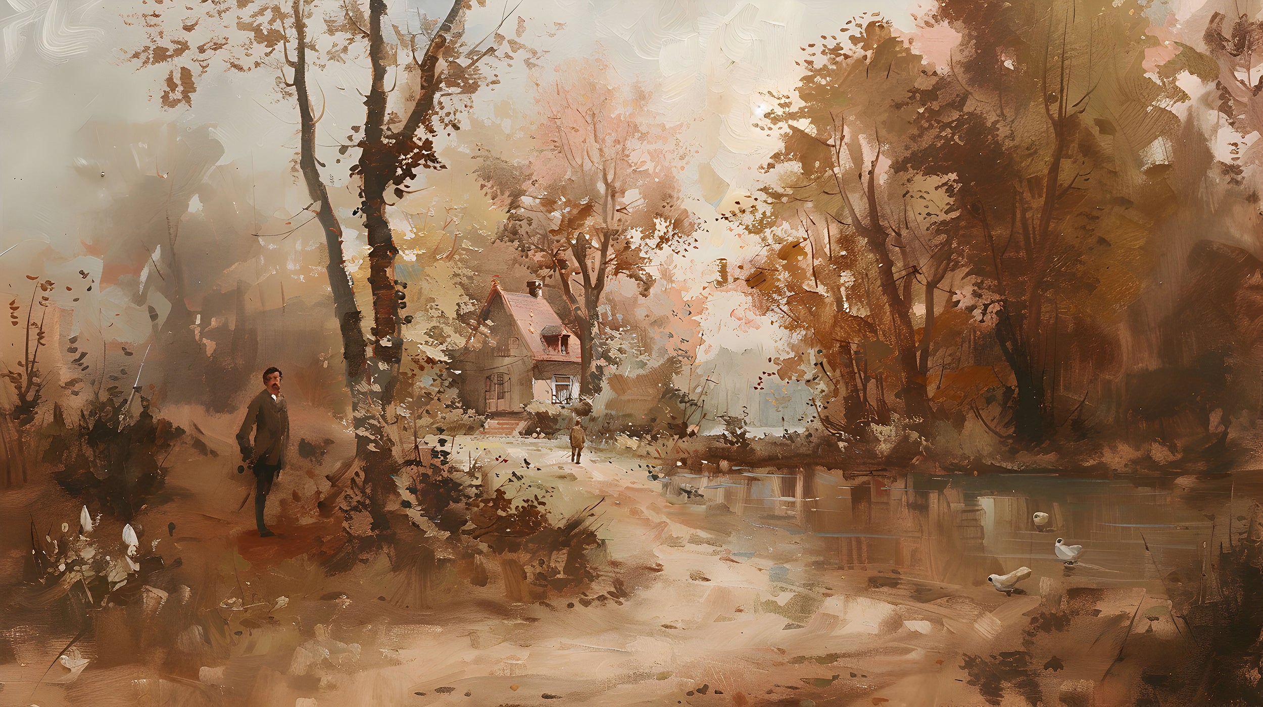 Watercolor House in the Forest Mural, Vintage Brown Forest Wallpaper, Peel and Stick Autumn Forest Decor, Nature Landscape Classic Mural