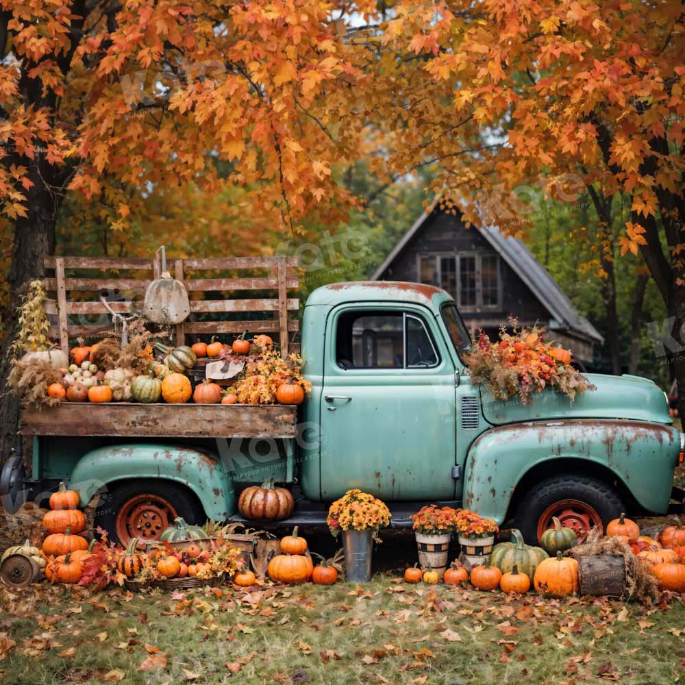Kate Fall Maple Leaves Pumpkin Truck Old House Backdrop Designed