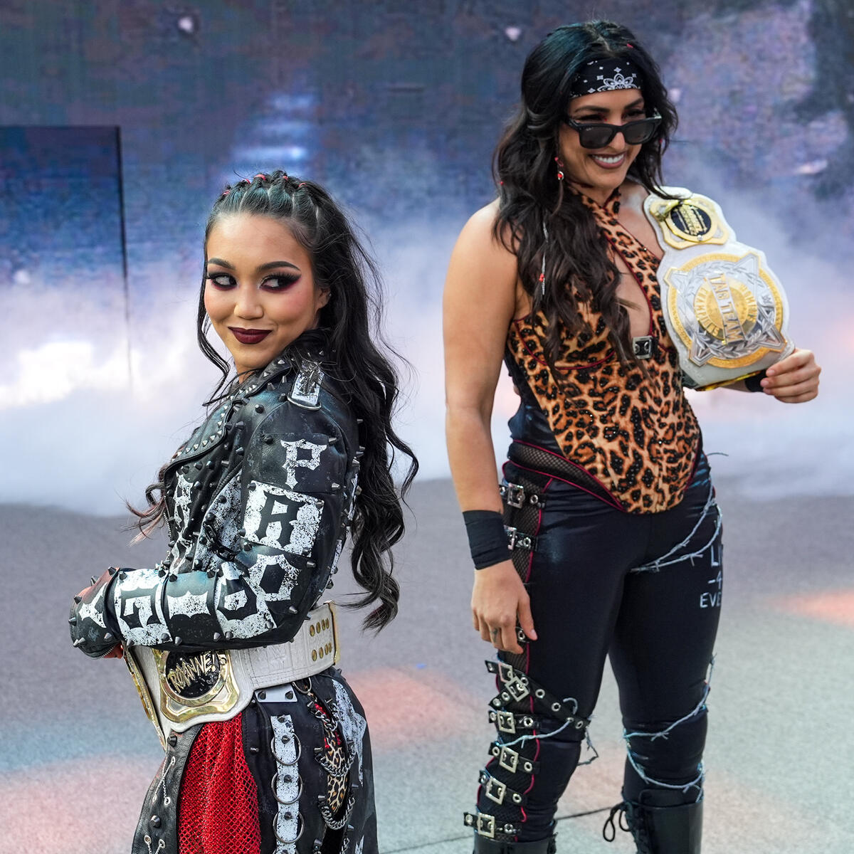 Raquel Rodriguez & Roxanne Perez vs. Charlotte Flair & Alexa Bliss. WWE Women's Tag Team Title Match: photoWWE