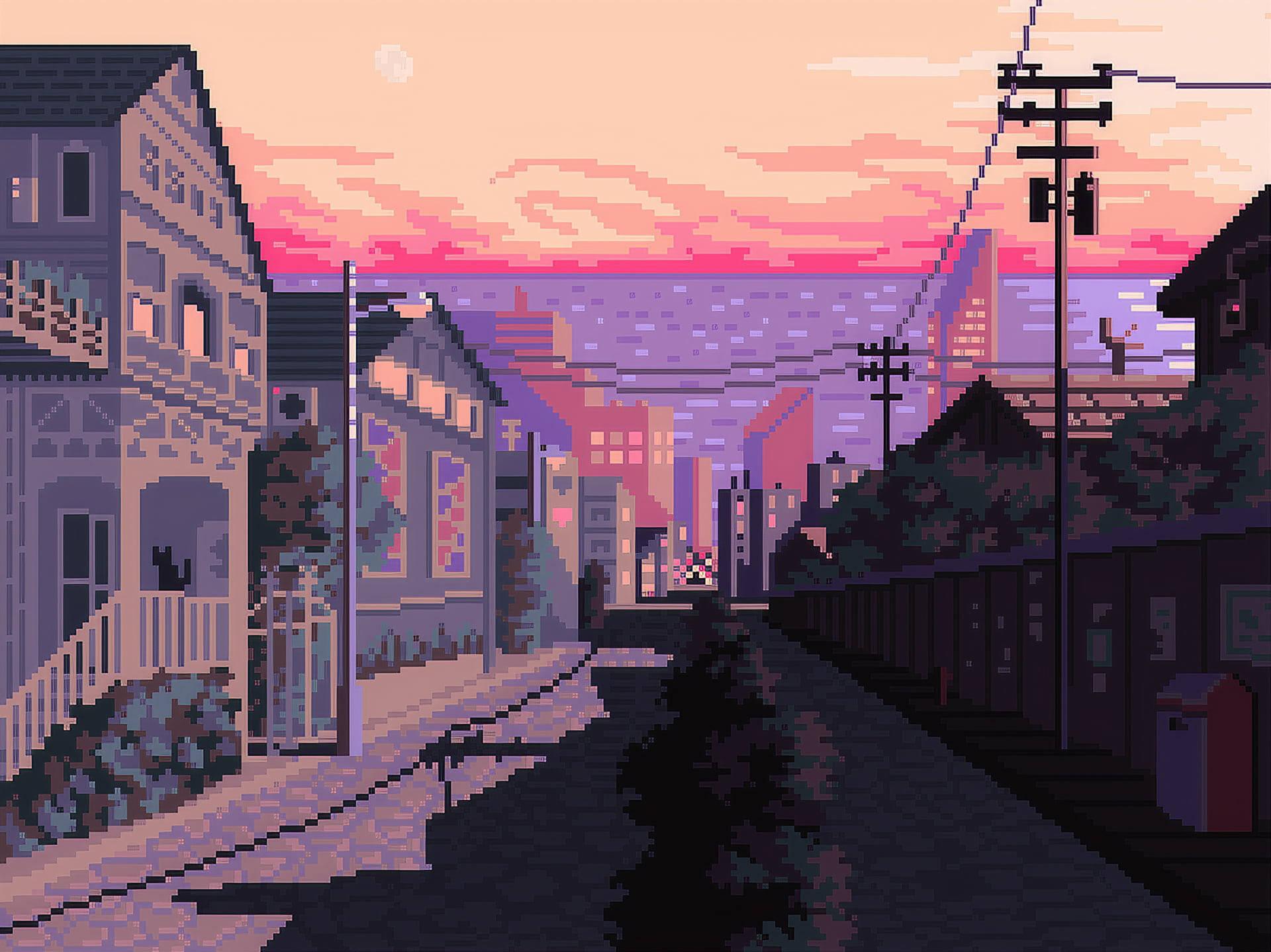 pixel art, Pixels, Purple, Skyline, Cityscape, City, Blue, Yellow, Black, 8 bit, Vector art HD Wallpaper / Desktop and Mobile Image & Photo